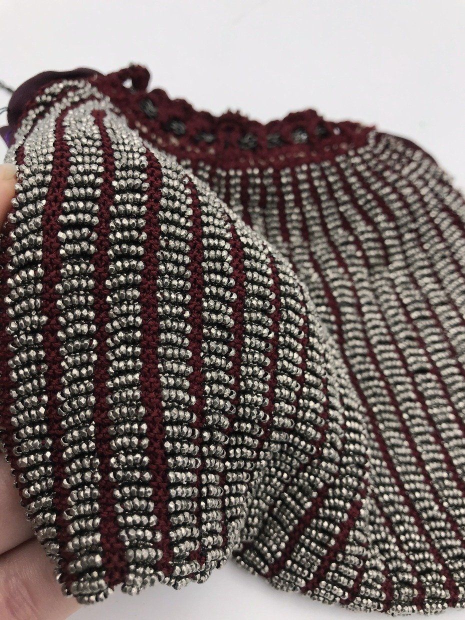 Antique Burgundy Metal Seed Bead Reticule Crochet Bag 2