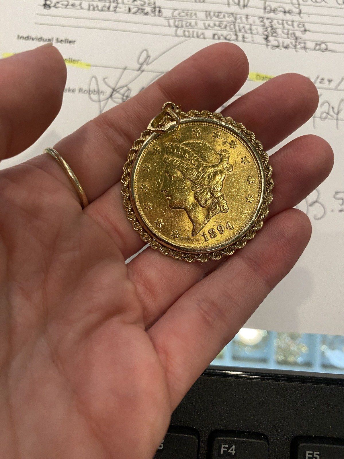 1894 $20 Liberty Head Gold Coin Pendant in 14K Rope Bezel 7