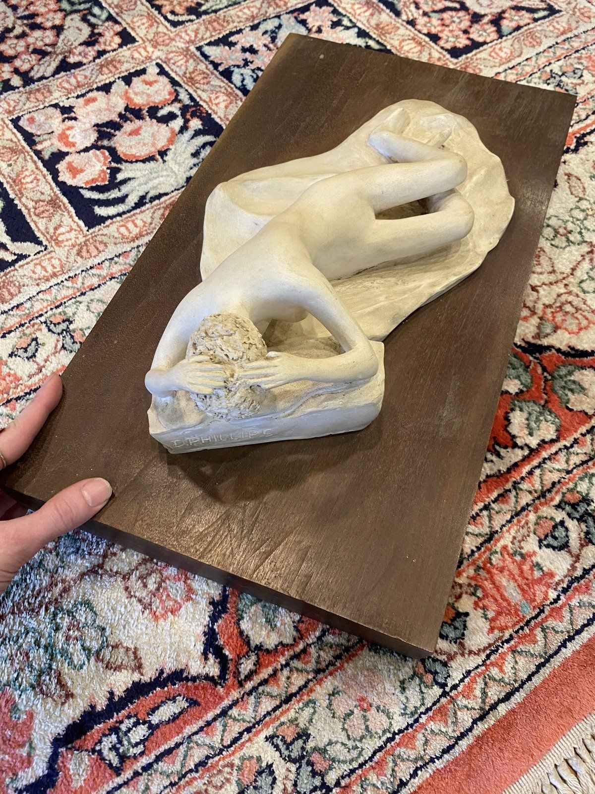 Signed Plaster Sculpture of Lying Figure w Wood Block Base D.PHILLIPS 6