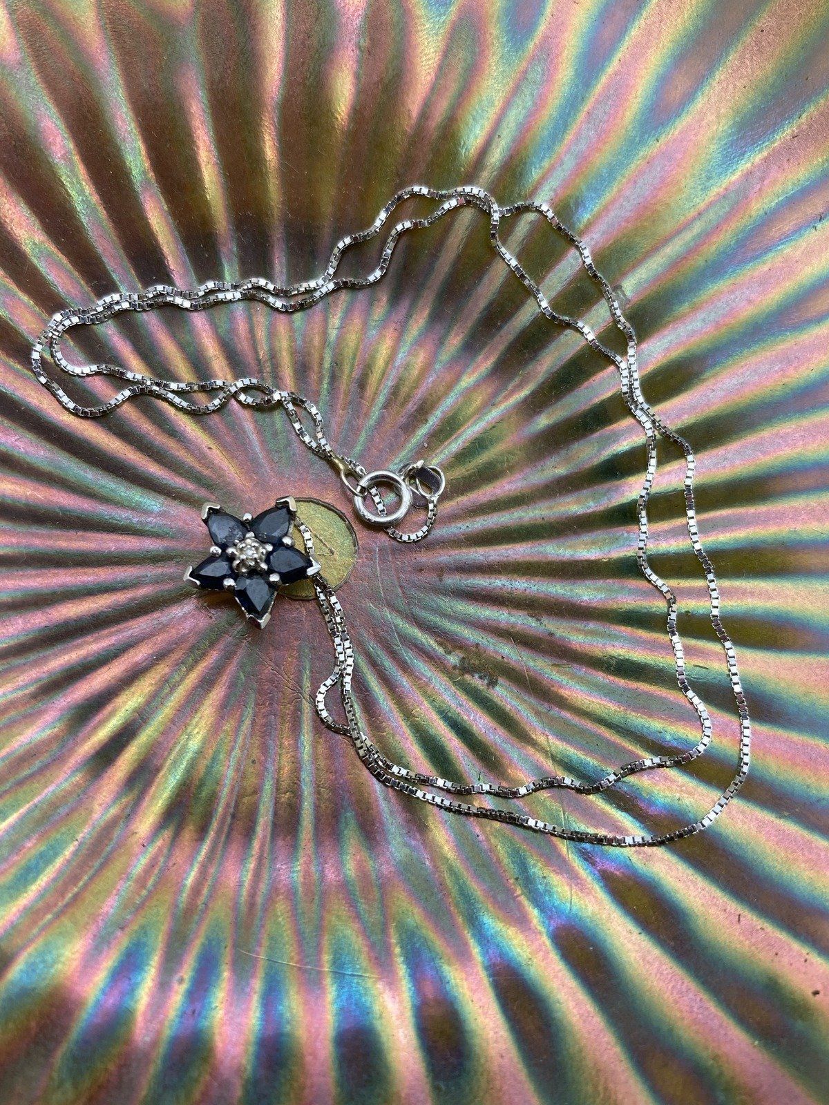 14k White Gold 16 Blue Sapphire Cluster Flower Diamond Drop Necklace 6