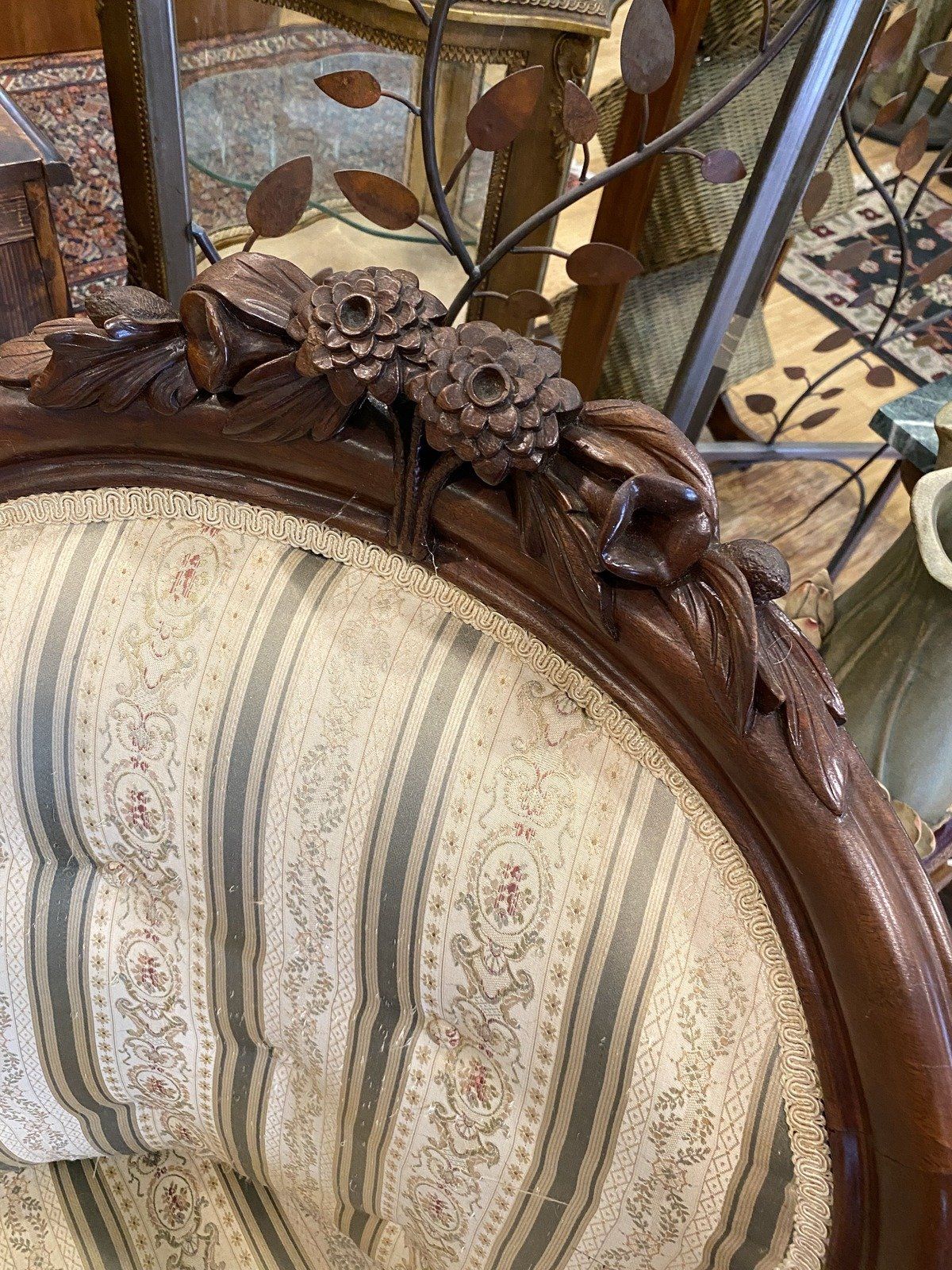 Antique Carved Rocco Style Calico Upholstered Settee #328 2