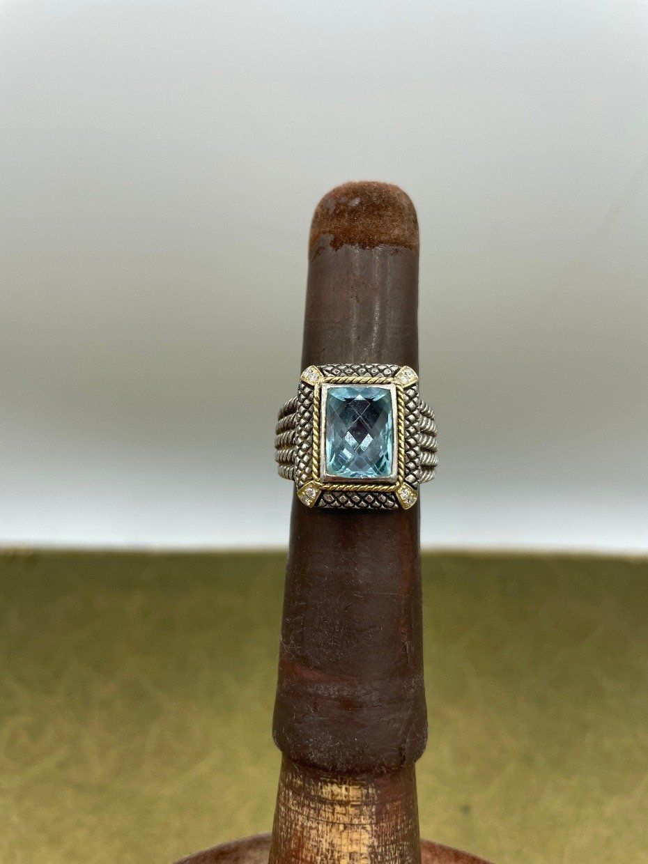 Lg Yurman *Style* Designer Sterling Silver + 18k Blue Topaz Ring w Diamond Accents 3