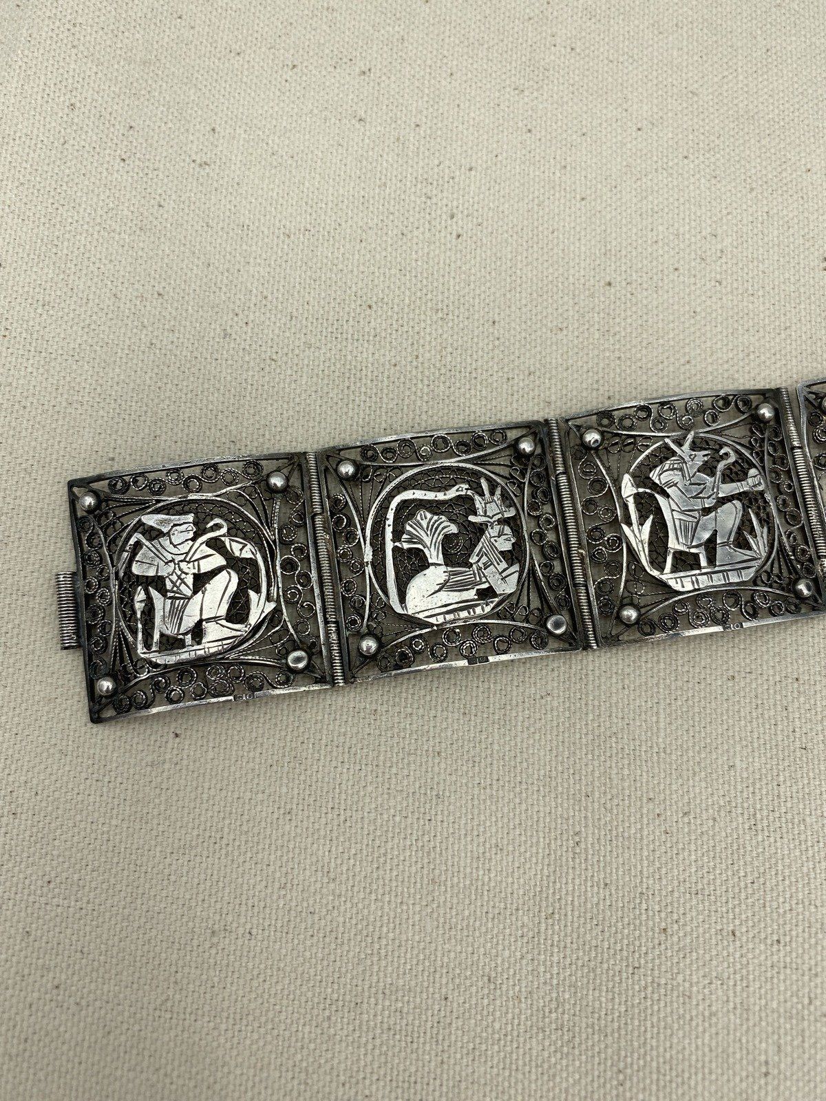 Antique c.1920s Sterling Silver Egyptian Revival Hieroglyphic Filigree Cuff Bracelet 7L 3