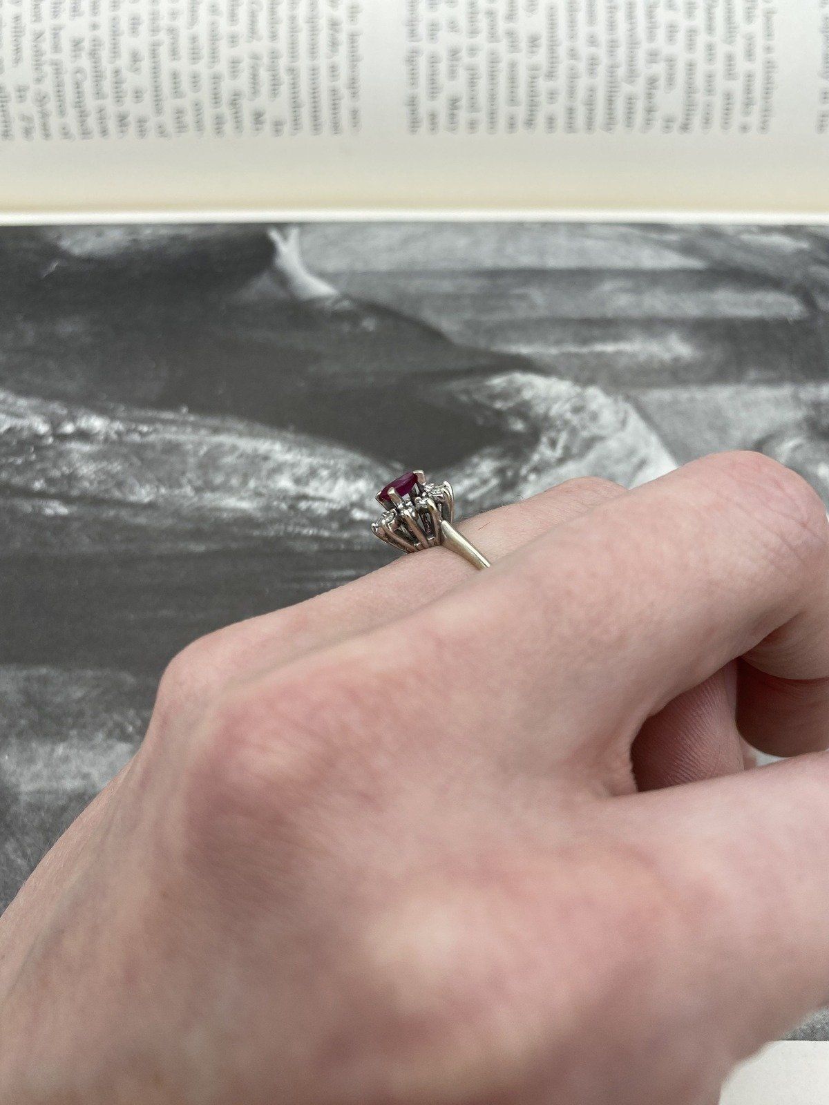 Antique 14k White Gold Oval Ruby + Diamond Flower Solitaire Ring 6