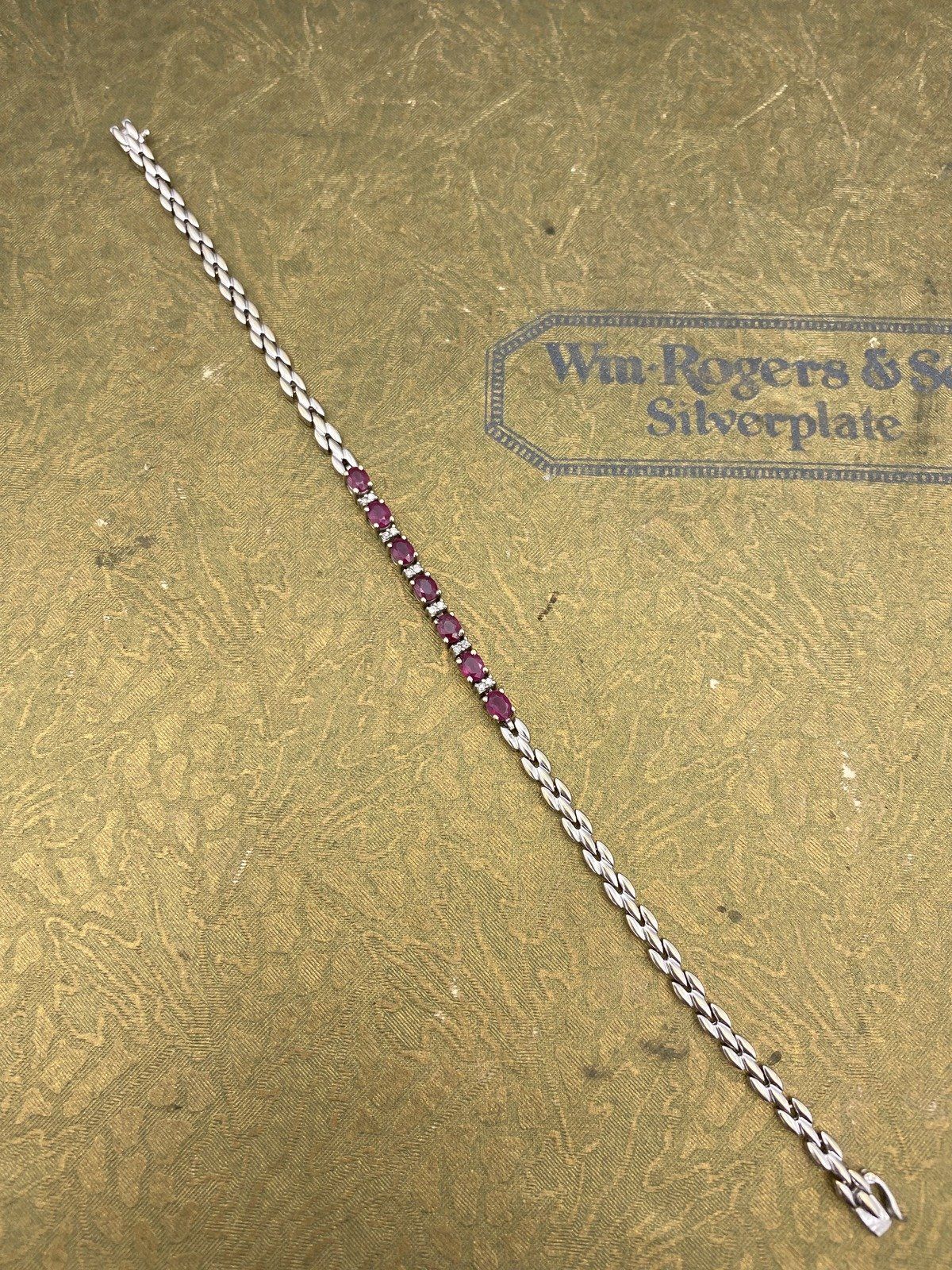 Vintage 14k White Gold Ruby + Diamond Tennis Bracelet #2478 2