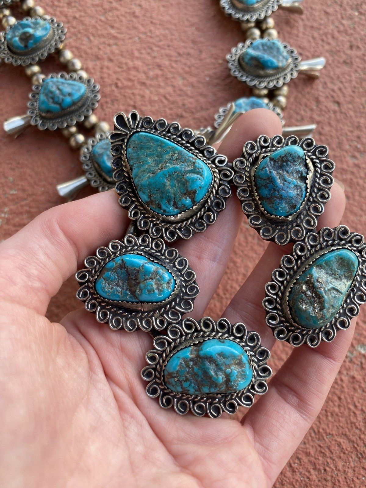 Vintage c.1970s Unsigned Navajo Native American Turquoise Squash Blossom Necklace 6