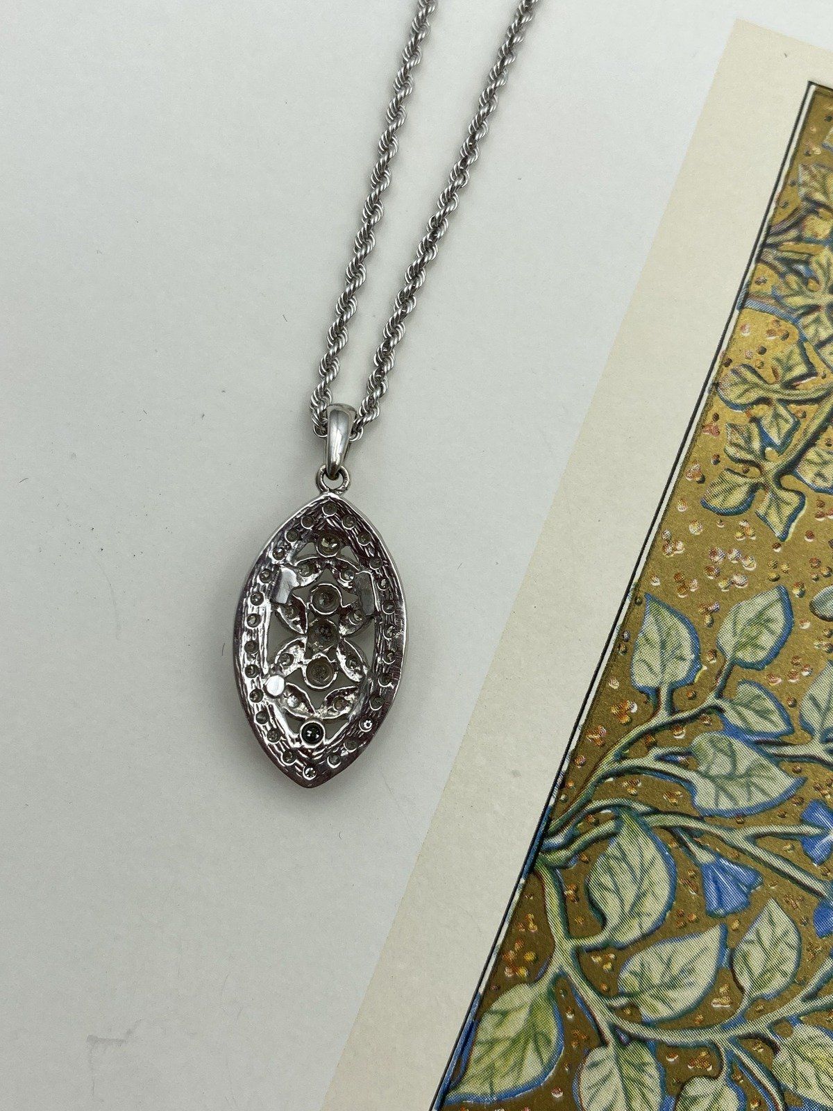 14k White Gold Almond Bezel Diamond Drop Necklace 18L 6