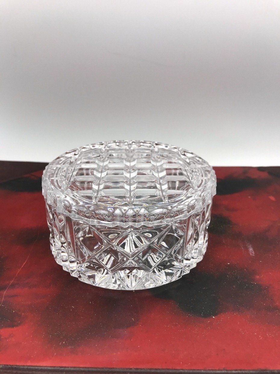 Crystal Cut Round Jewelry Trinket Dish w Lid