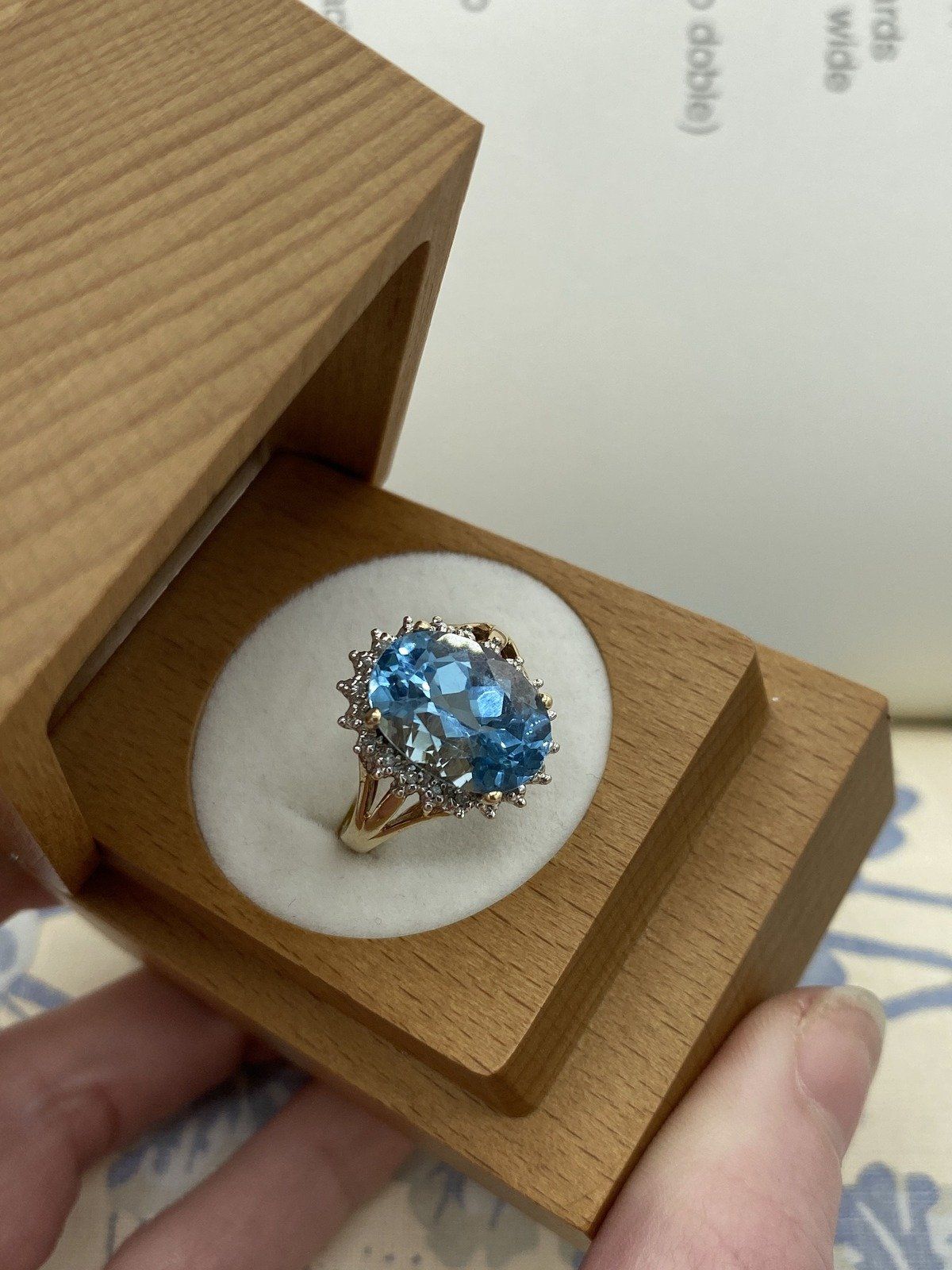 Beautiful 10k Gold Oval Blue Topaz + Diamond Halo Princess Ring 4