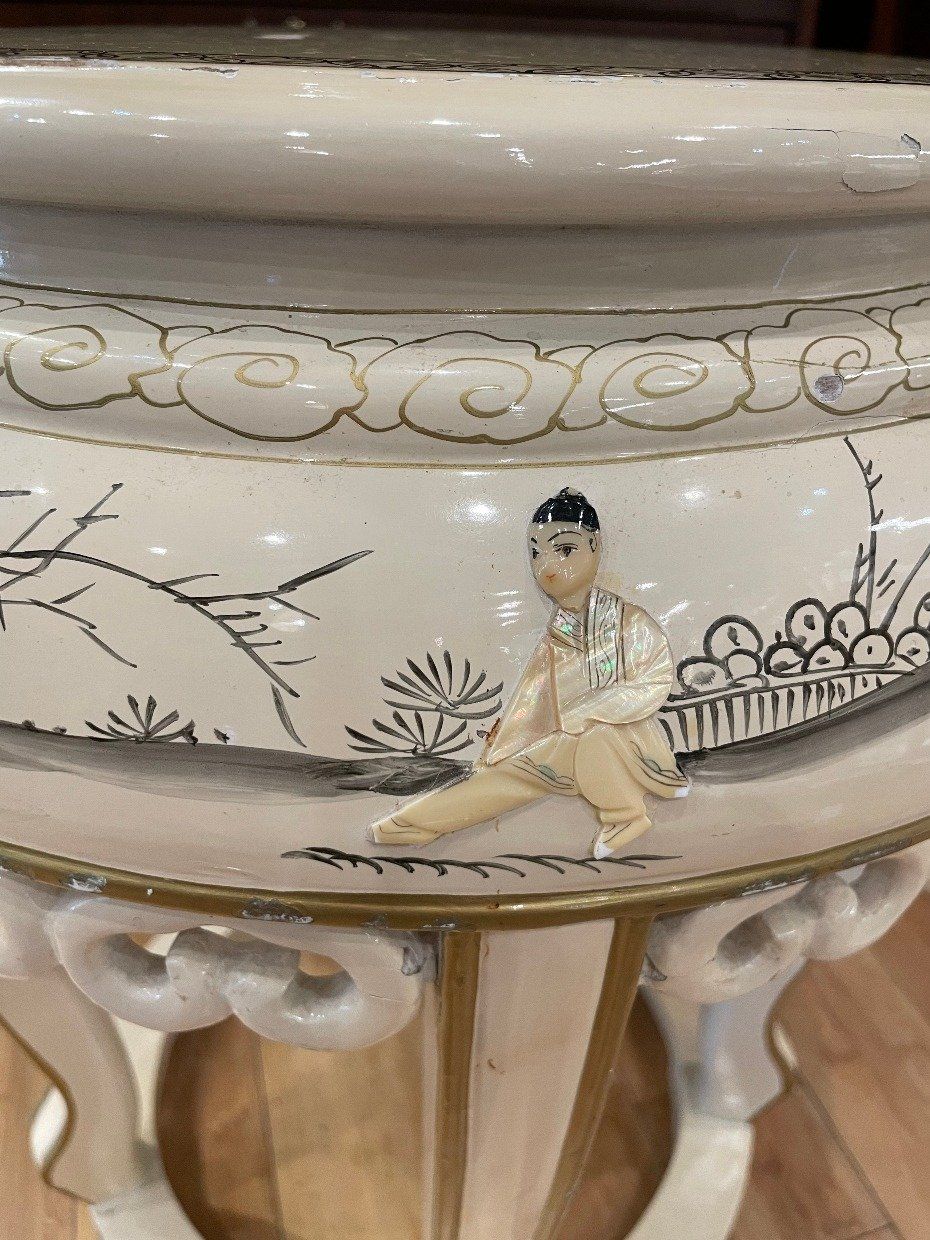Antique Ivory Painted Oriental Fishbowl + Plant Stand w Figural Details 8