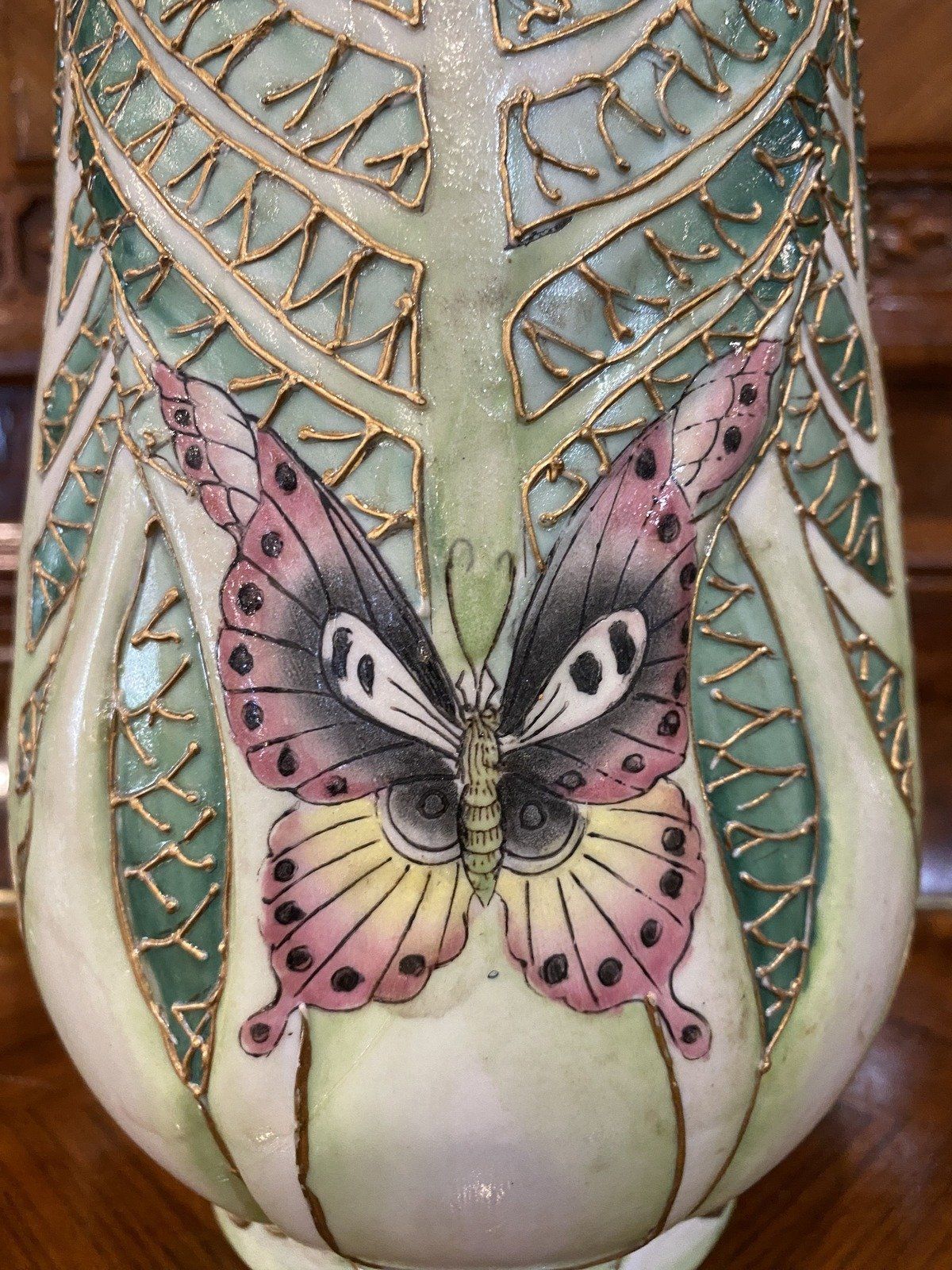 Antique Inspired Chinese Cabbage Leaf + Gilt Butterfly Vase 5