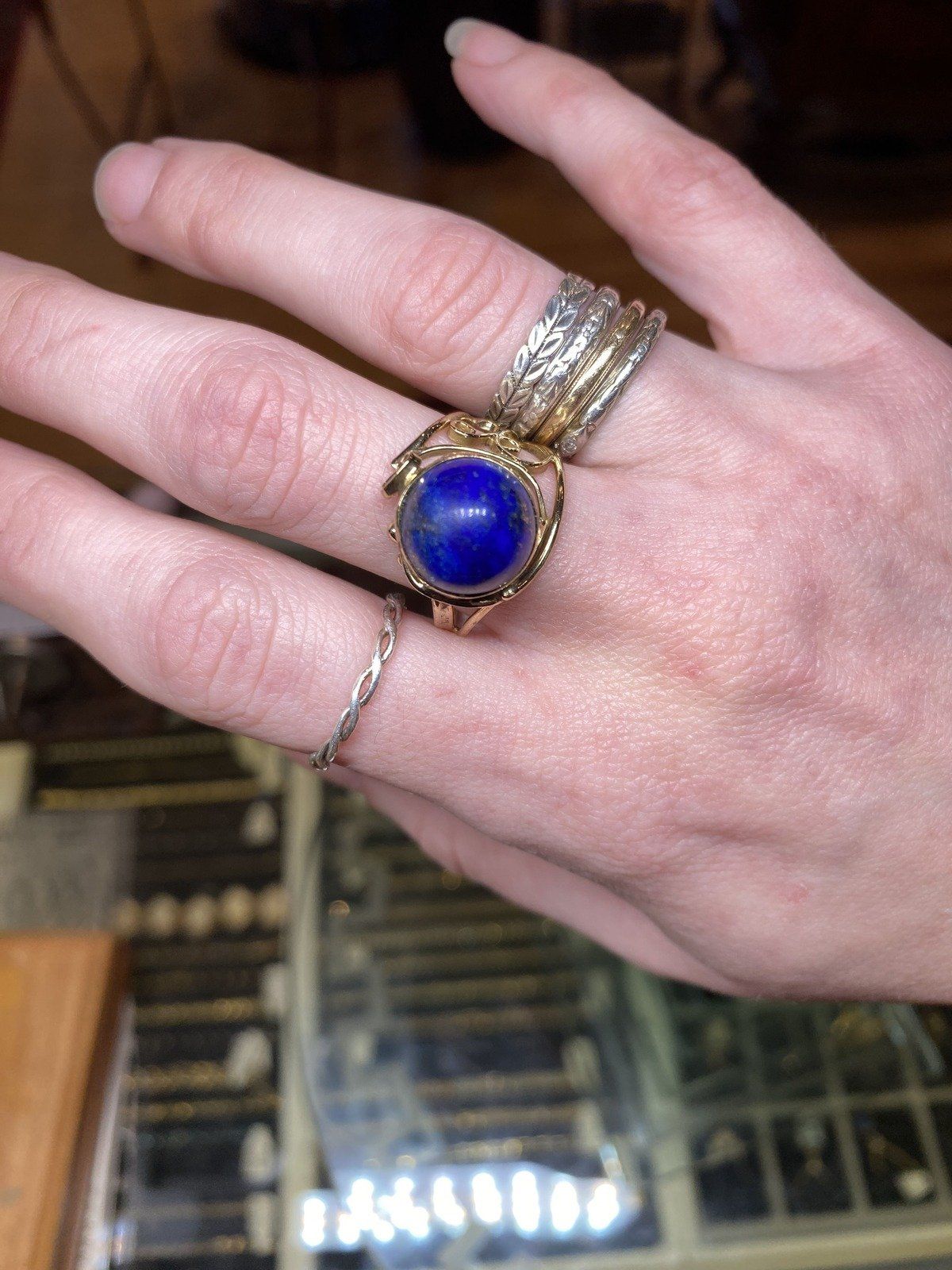 Vintage 14k Sculptural Lace Lapis Lazuli Polished Statement Ring 14