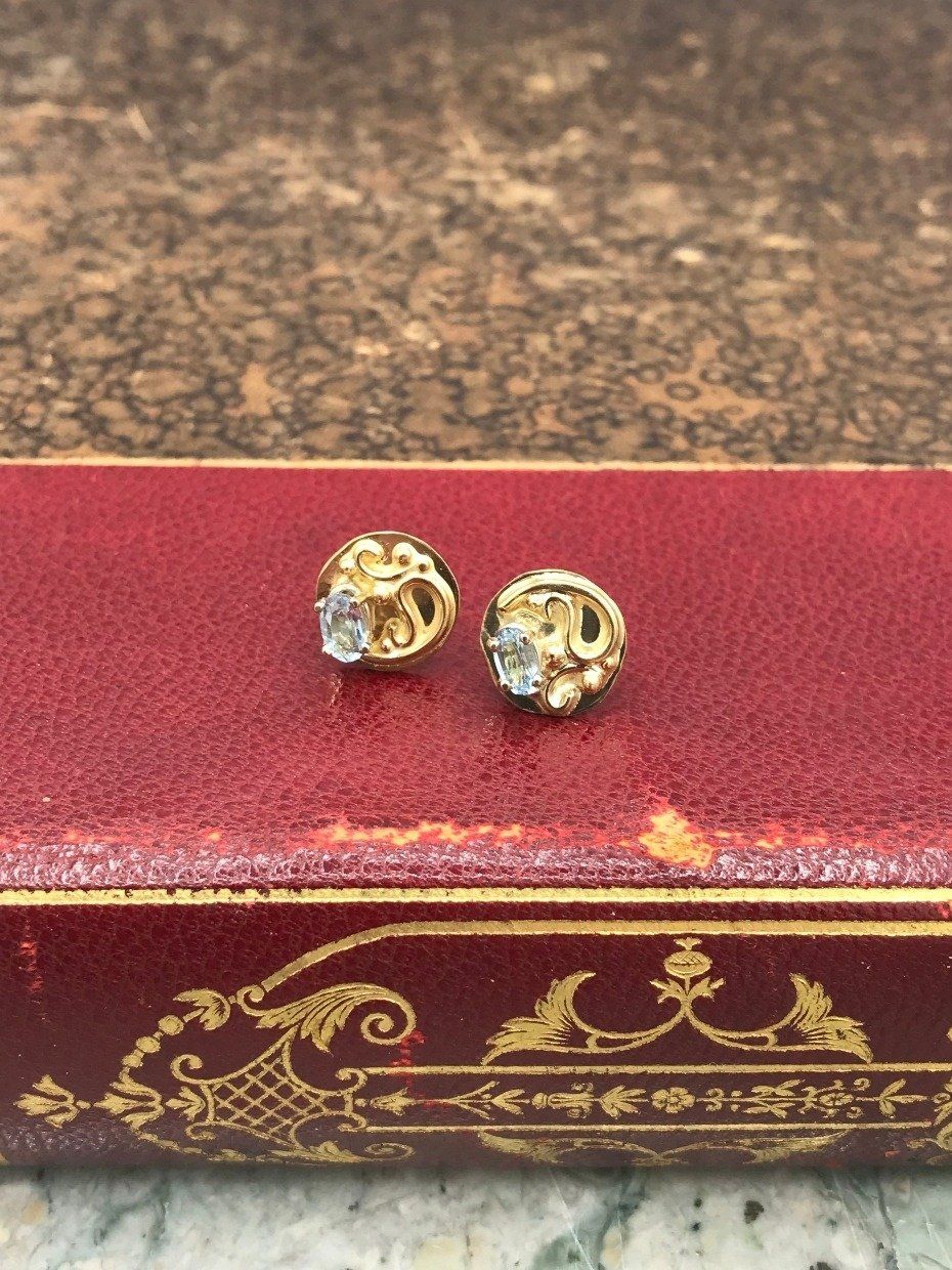 14k Gold Oval Cut Blue Topaz Nouveau Disc Stud Earrings 2
