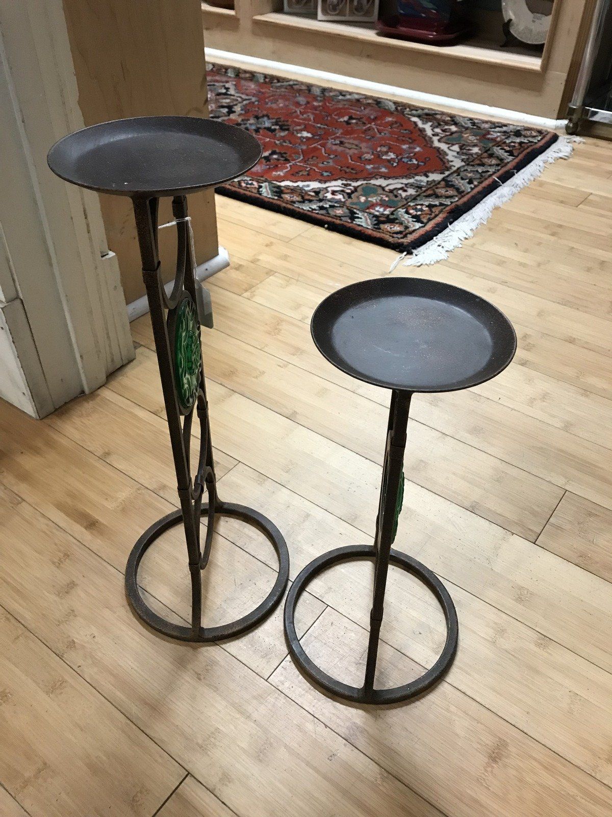 Pair of Tiered Molded Blue Glass Decorative Iron Stands 4
