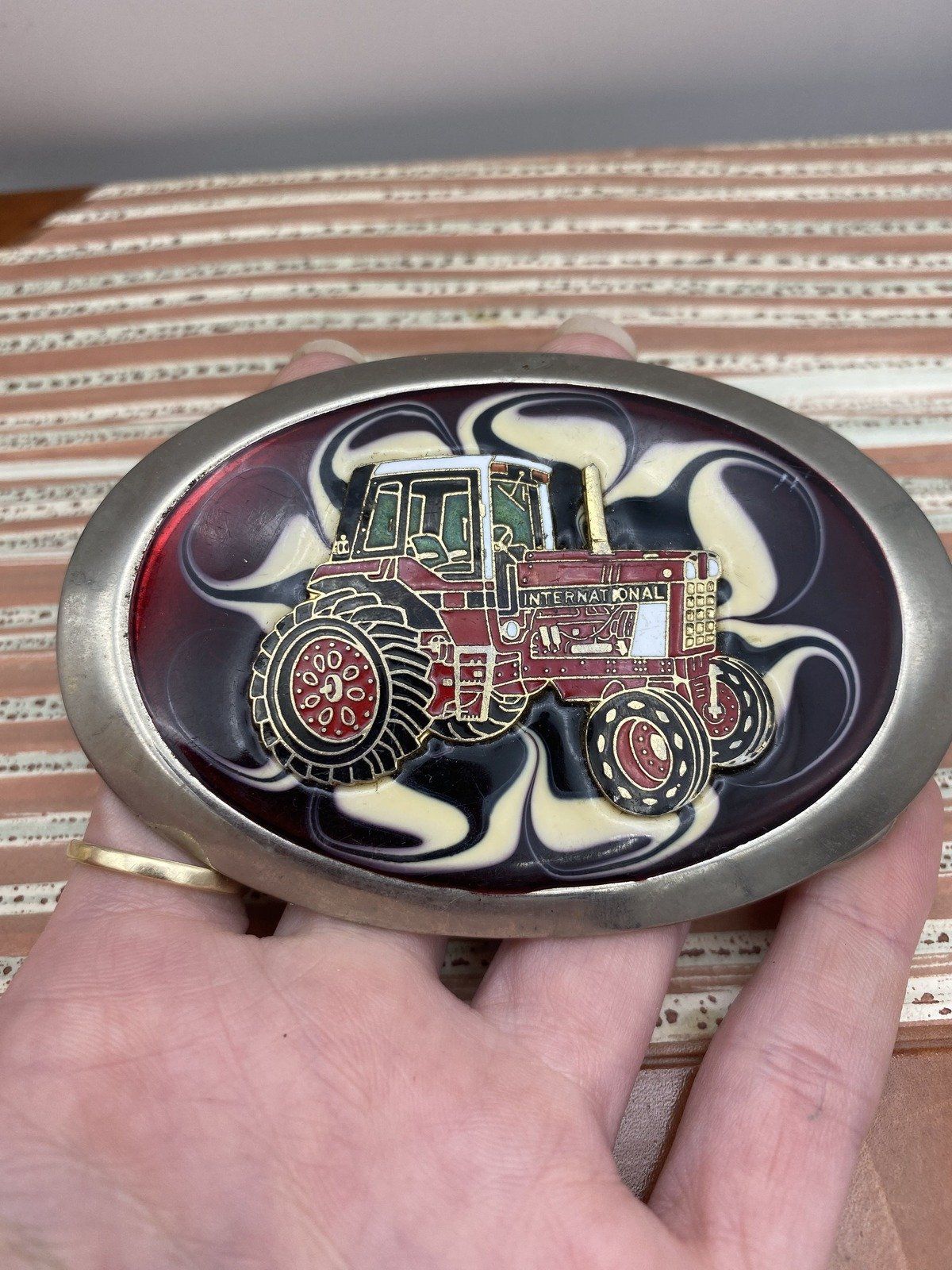 Vintage Enamel Acrylic Swirl Red Lucite International Tractor Boss Belt Buckle :) 8