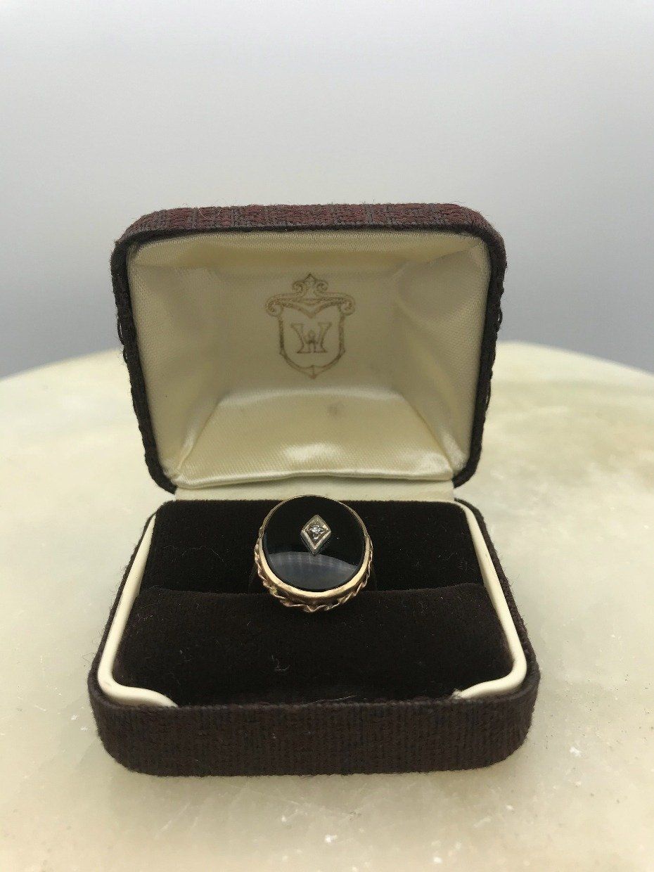 Antique 10k Gold Black Onyx + Diamond Oval Mourning Ring 2