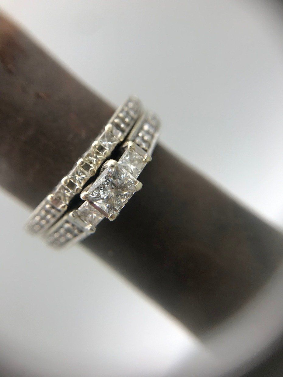 14k White Gold .43ct Center Princess Cut Diamond Trinity Engagement Ring Set 2