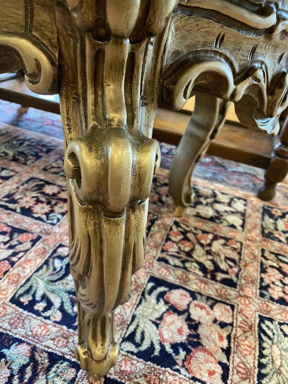 Modern Victorian Inspired Marble Top + Blonde Gilt Coffee Table 5