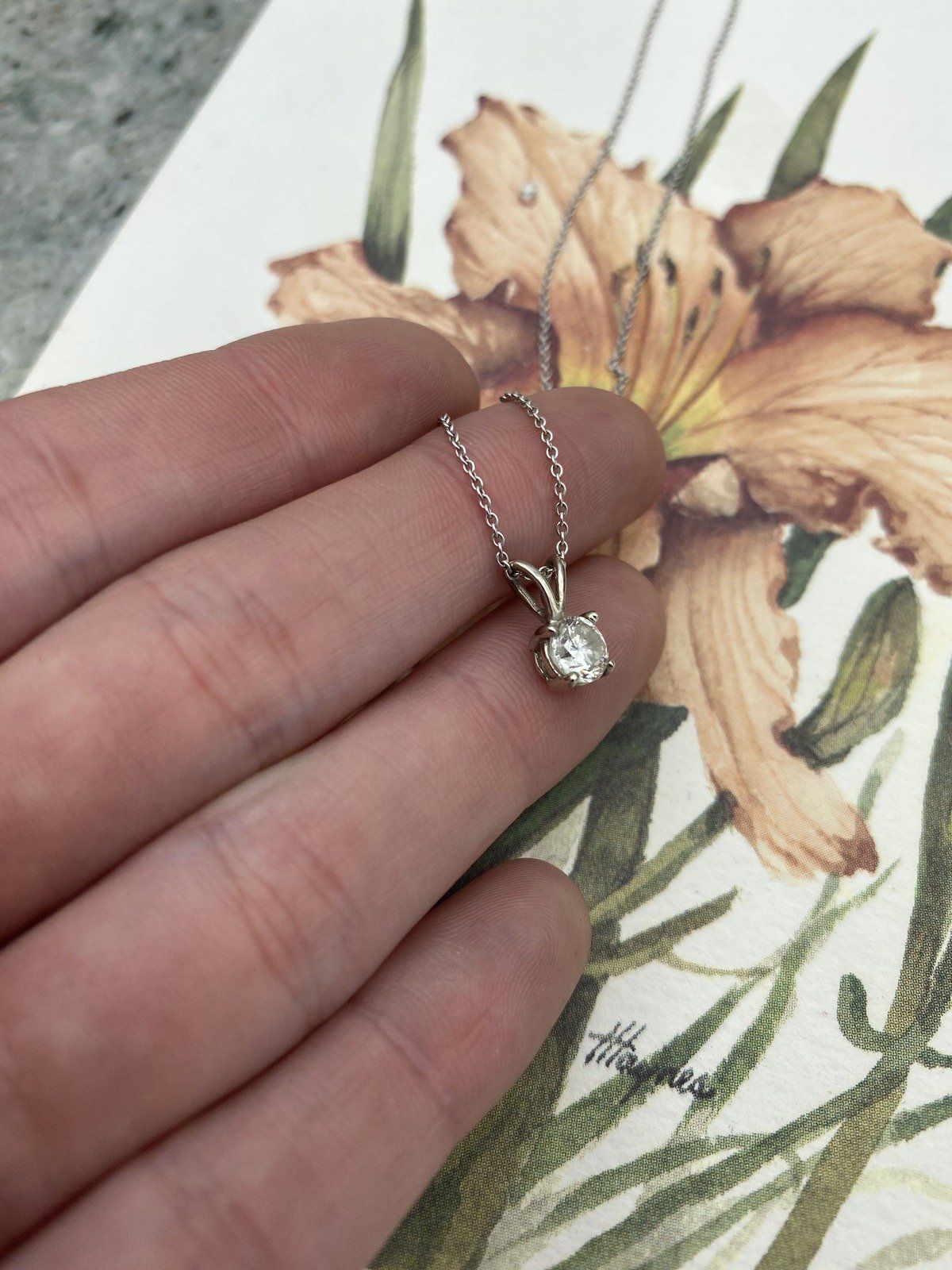 Firey Vintage 14k White Gold Natural .65ct Round Cut Solitaire Diamond Drop Necklace w Sturdy Cable Chain 16L 14