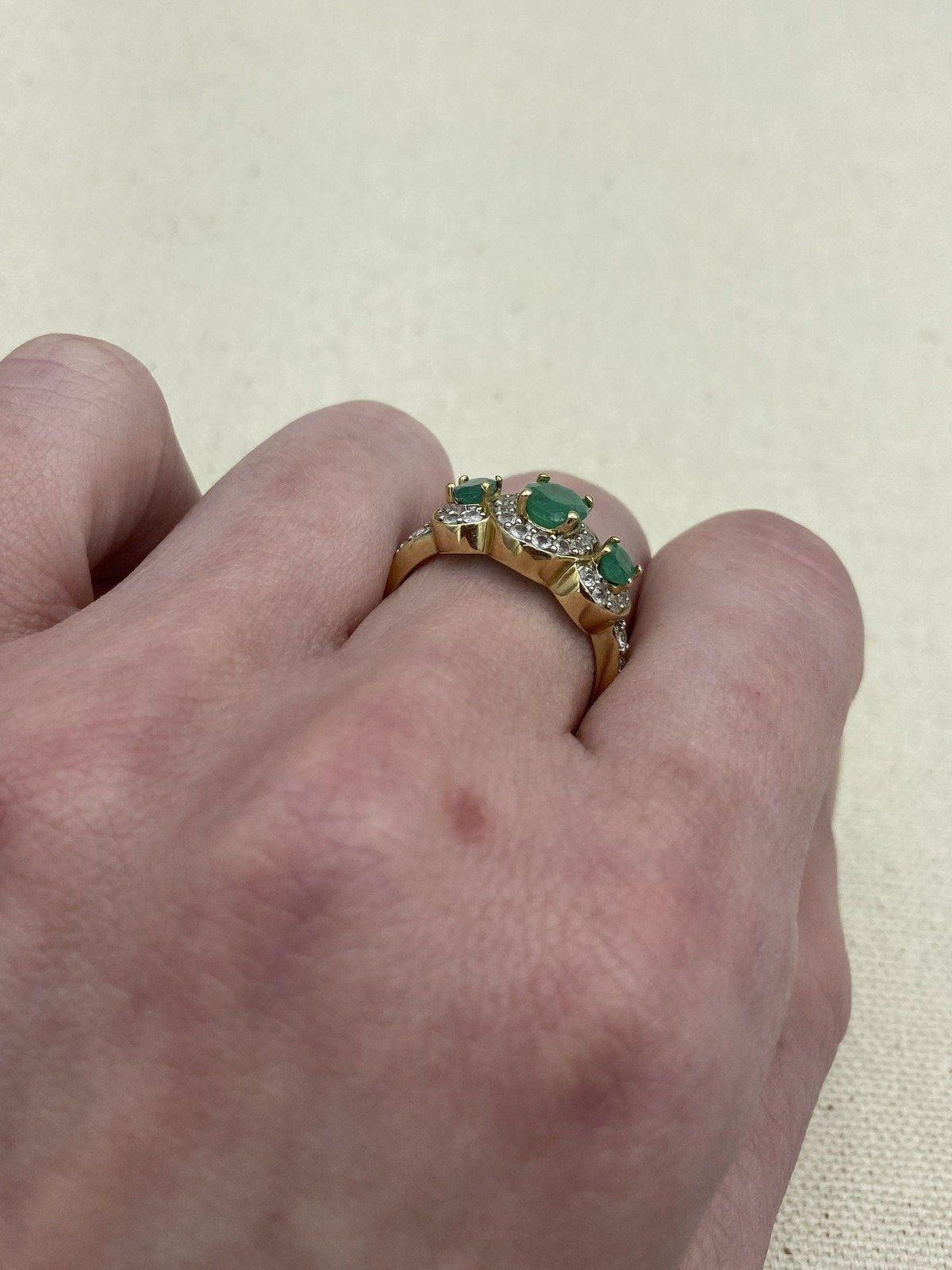 14k Gold Trio Oval Emerald + White Topaz Ring 6