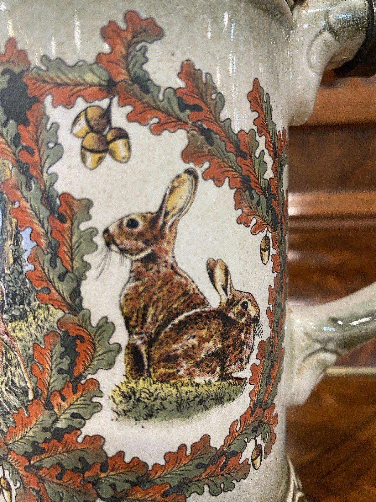 Gerz German Printed Hunter's Motif Beer Stein w Ram Finial 7