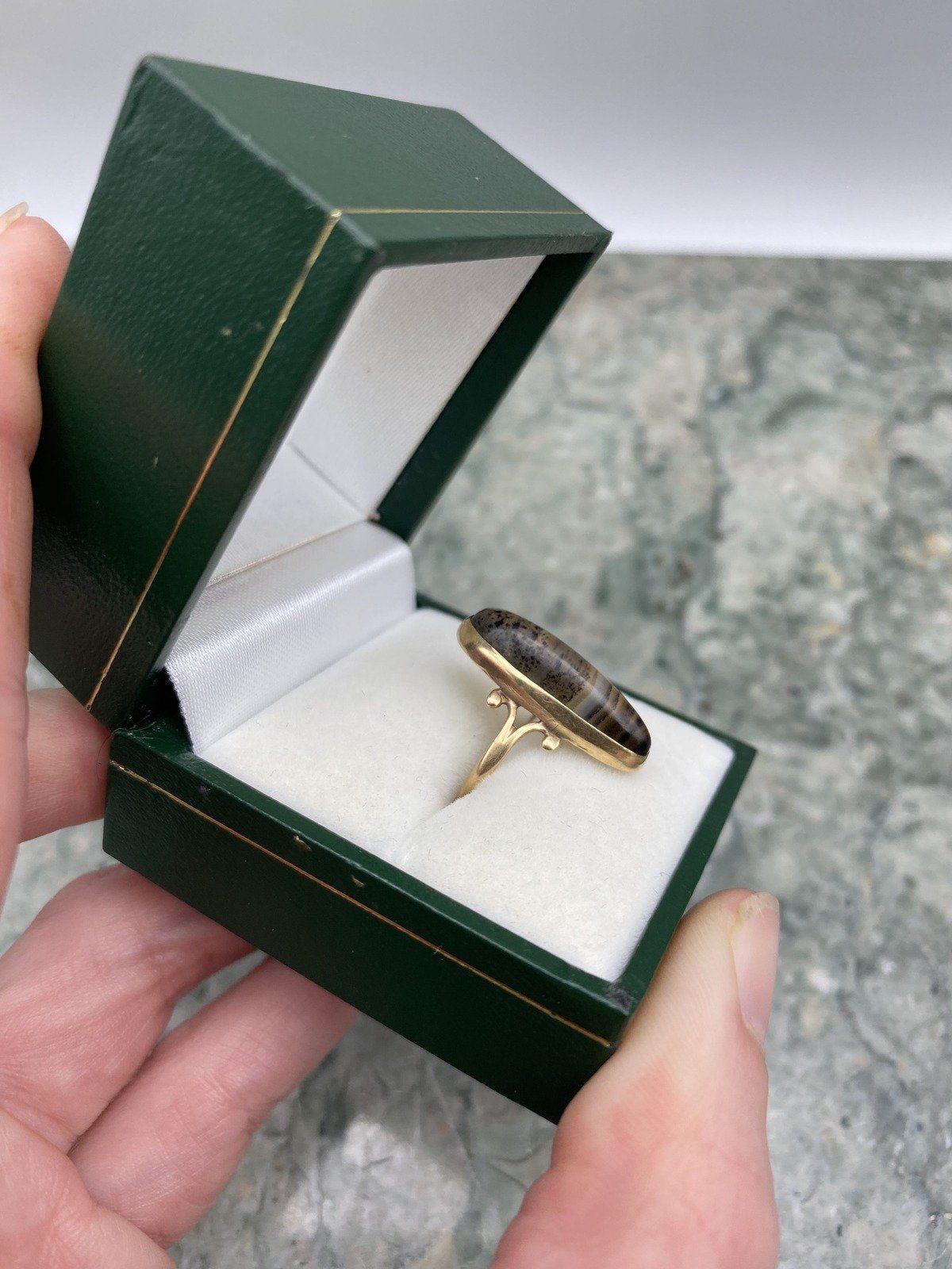 Antique 14k Gold Rare Botswana Agate Navette Ring 8