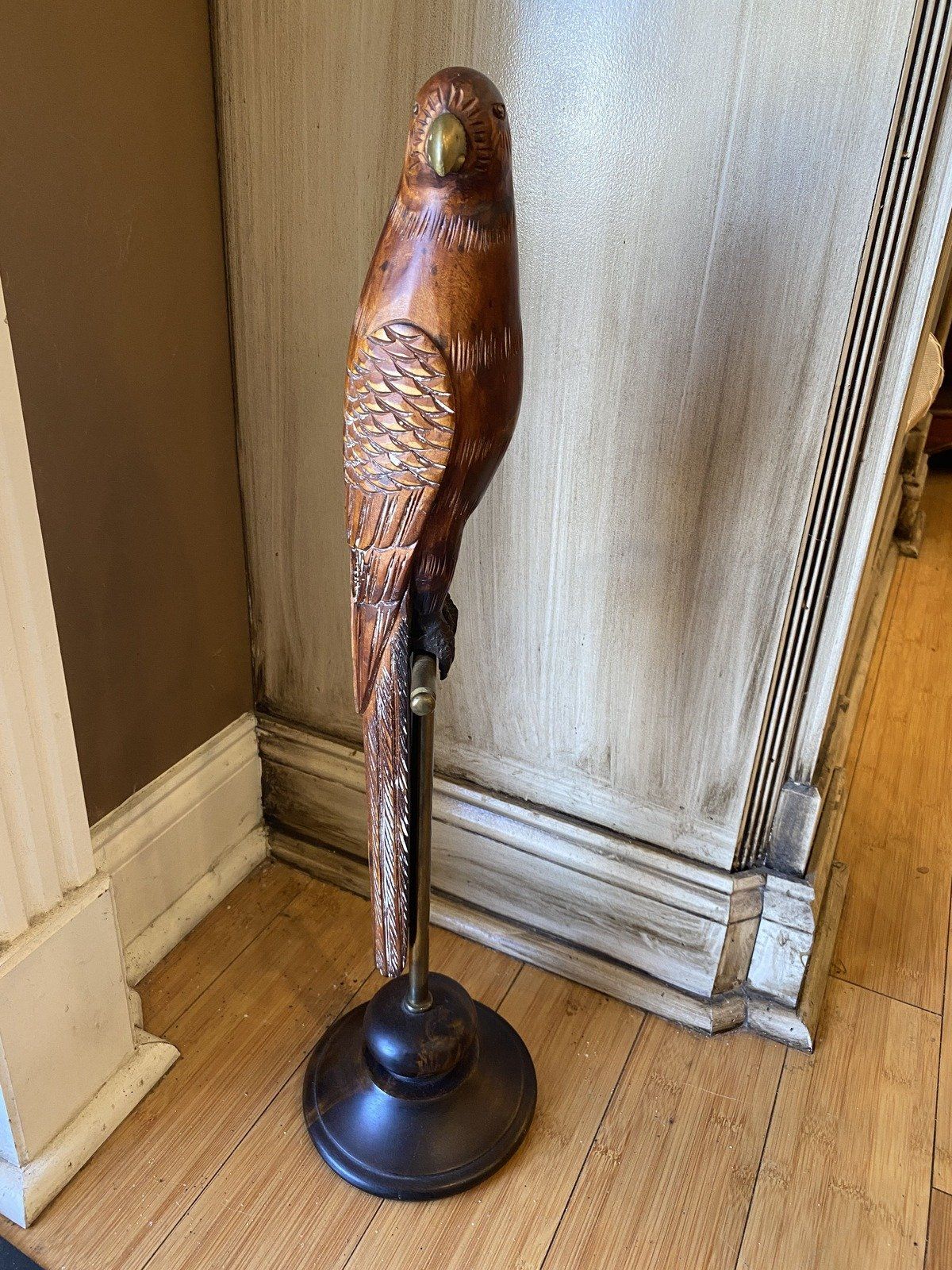SARREID LTD Hand Carved Wood Bird on Brass Cage Stand 13