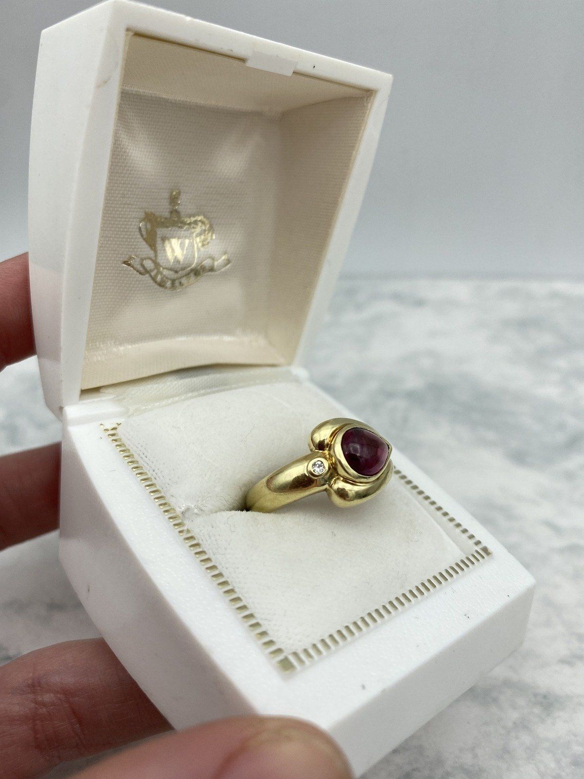 14k Gold Asymmetrical Pear Cab Rubellite Tourmaline Diamond Accented Curvature Ring 4
