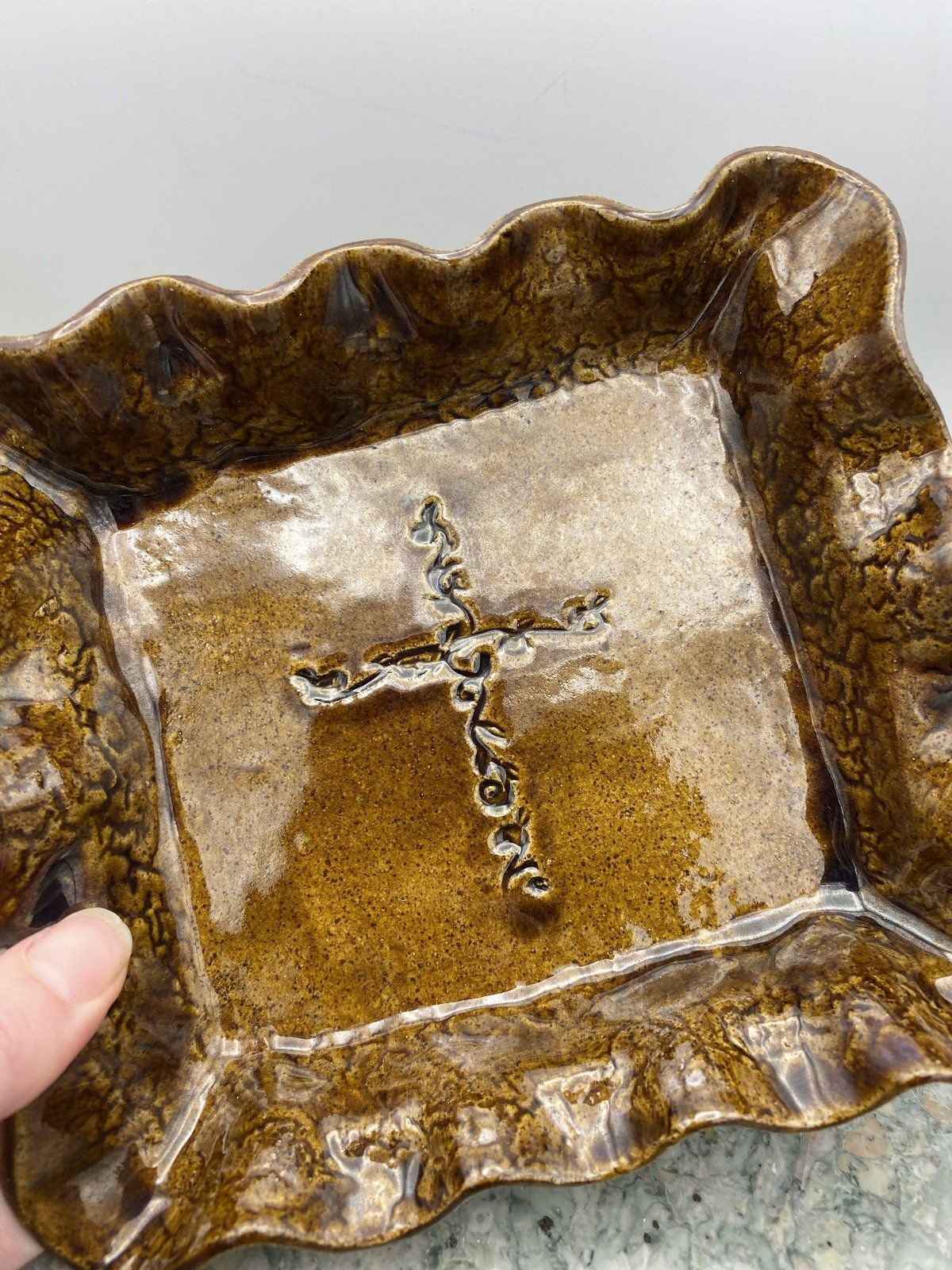 Signed Ceramic Brown Glaze Cross Pottery Dish 2