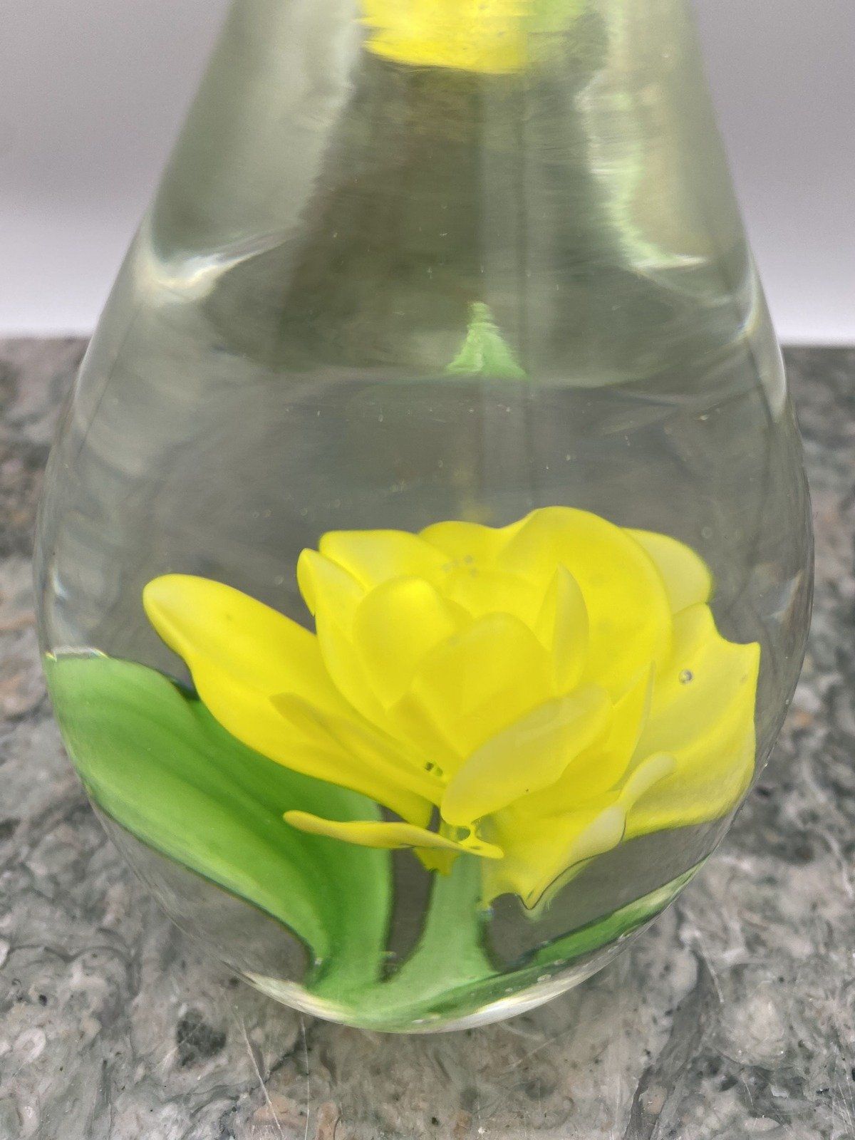 Water Drop Glass Blown Paperweight w Yellow Flower Center 3