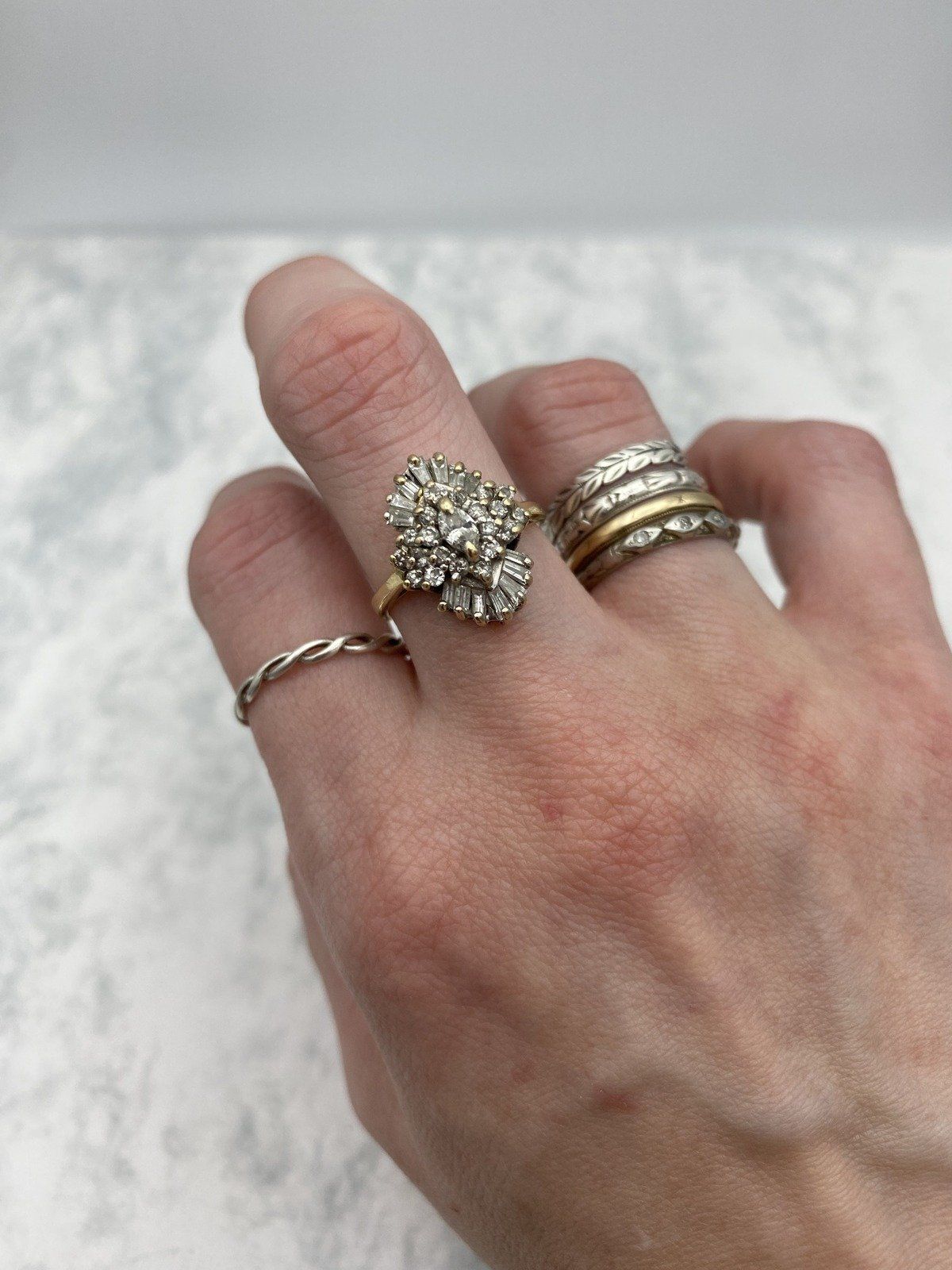 14k Vintage Diamond Spray Cluster Burst Ring w Baguettes + Marquise Center Diamond Ring 3