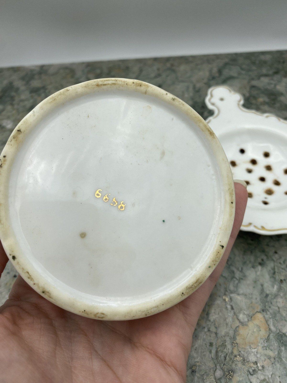 Antique Bone China + Gilt Ceramic Tea Strainer + Drip Catch 3