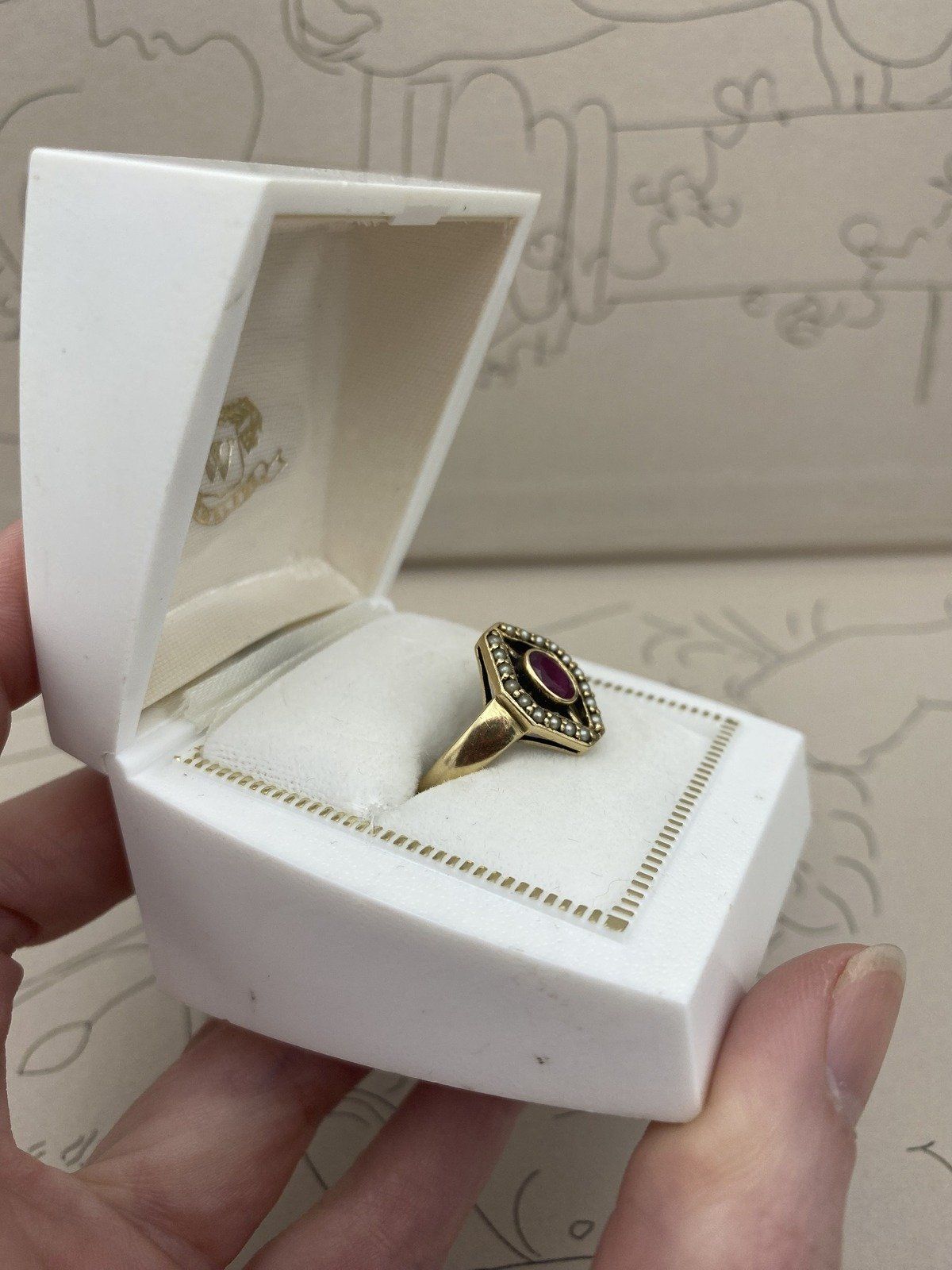 Antique 10k Gold Trapezoid Seed Pearl + Bezel Oval Ruby Navette Ring #2937 9