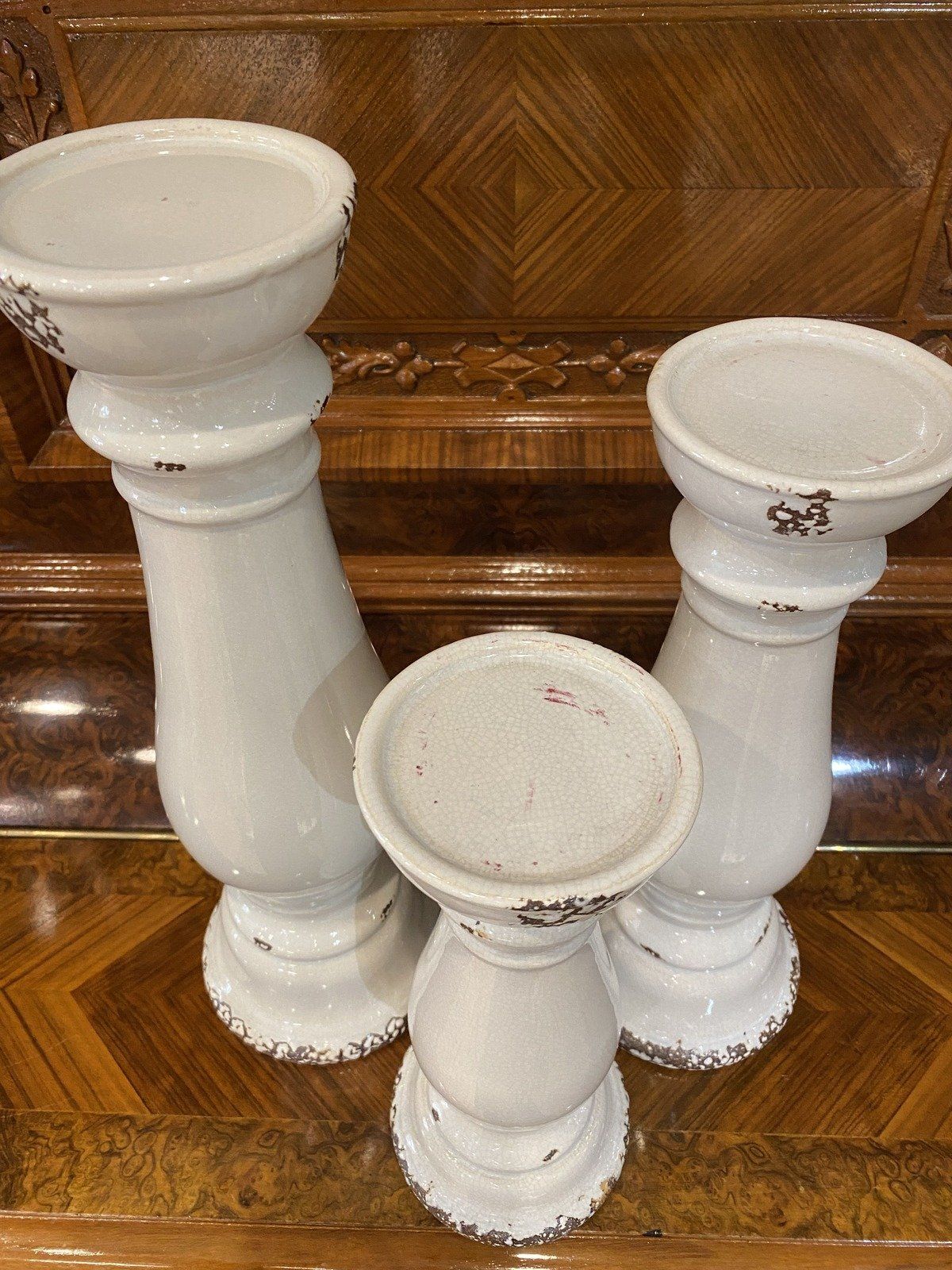 Trio of Modern Crazed Style White Candle Risers 8