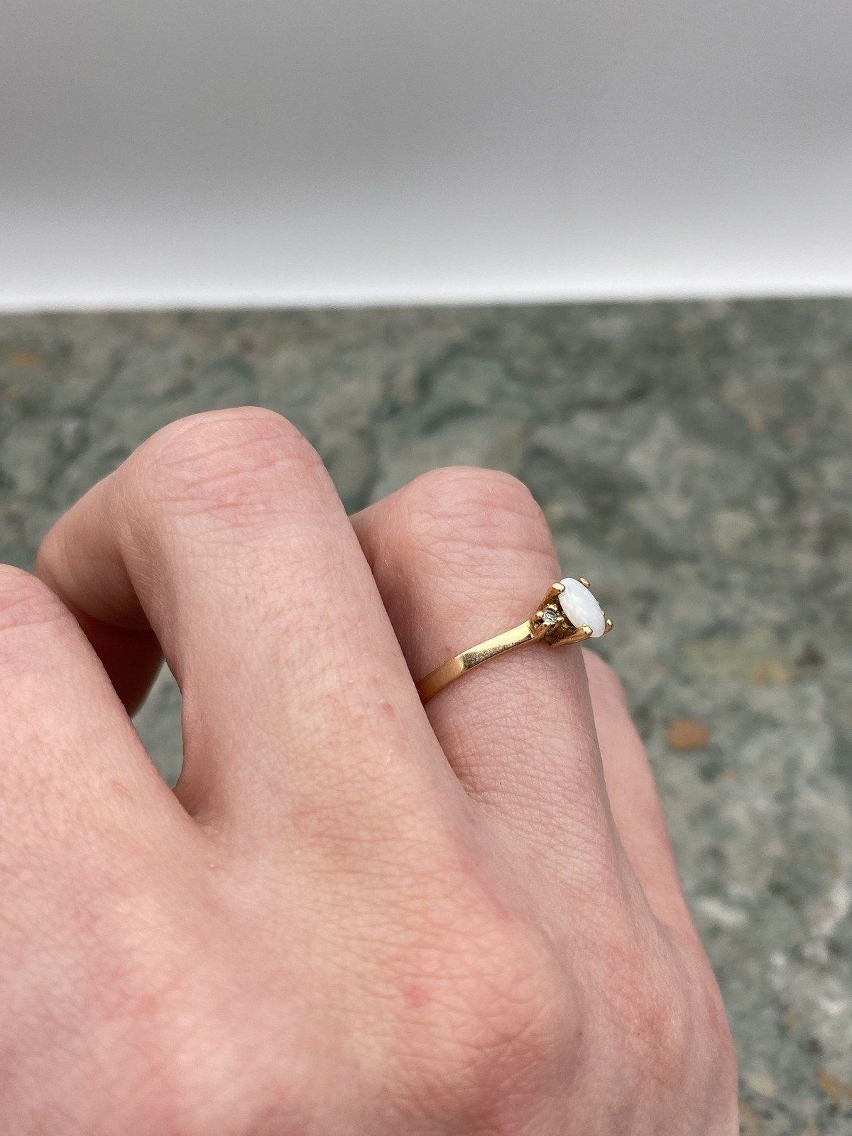 Minimalistic 10k Gold Oval Opal Diamond Flanked Ring 4