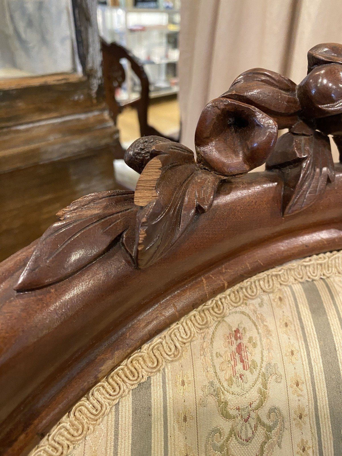 Antique Carved Rocco Style Calico Upholstered Settee #328 6
