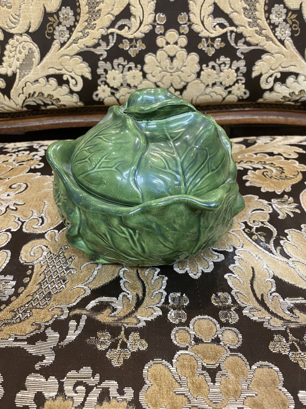 Vintage Holland Mold Lidded Cabbage Leaf Majolica Ceramic Serving Bowl + Lid 5