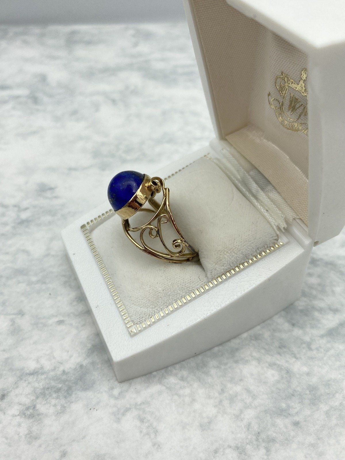 Vintage 14k Sculptural Lace Lapis Lazuli Polished Statement Ring 2