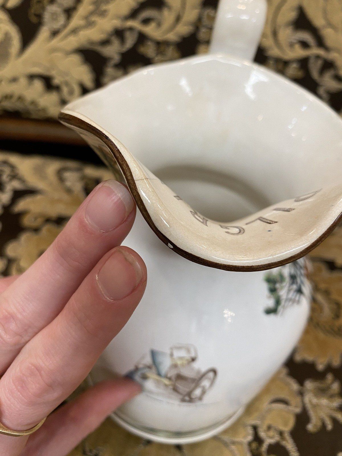 Antique c.1908 Ceramic Hand Painted Mayflower Pilgrimage Finely Detailed Buffalo Pottery Crock Milk Pitcher 6