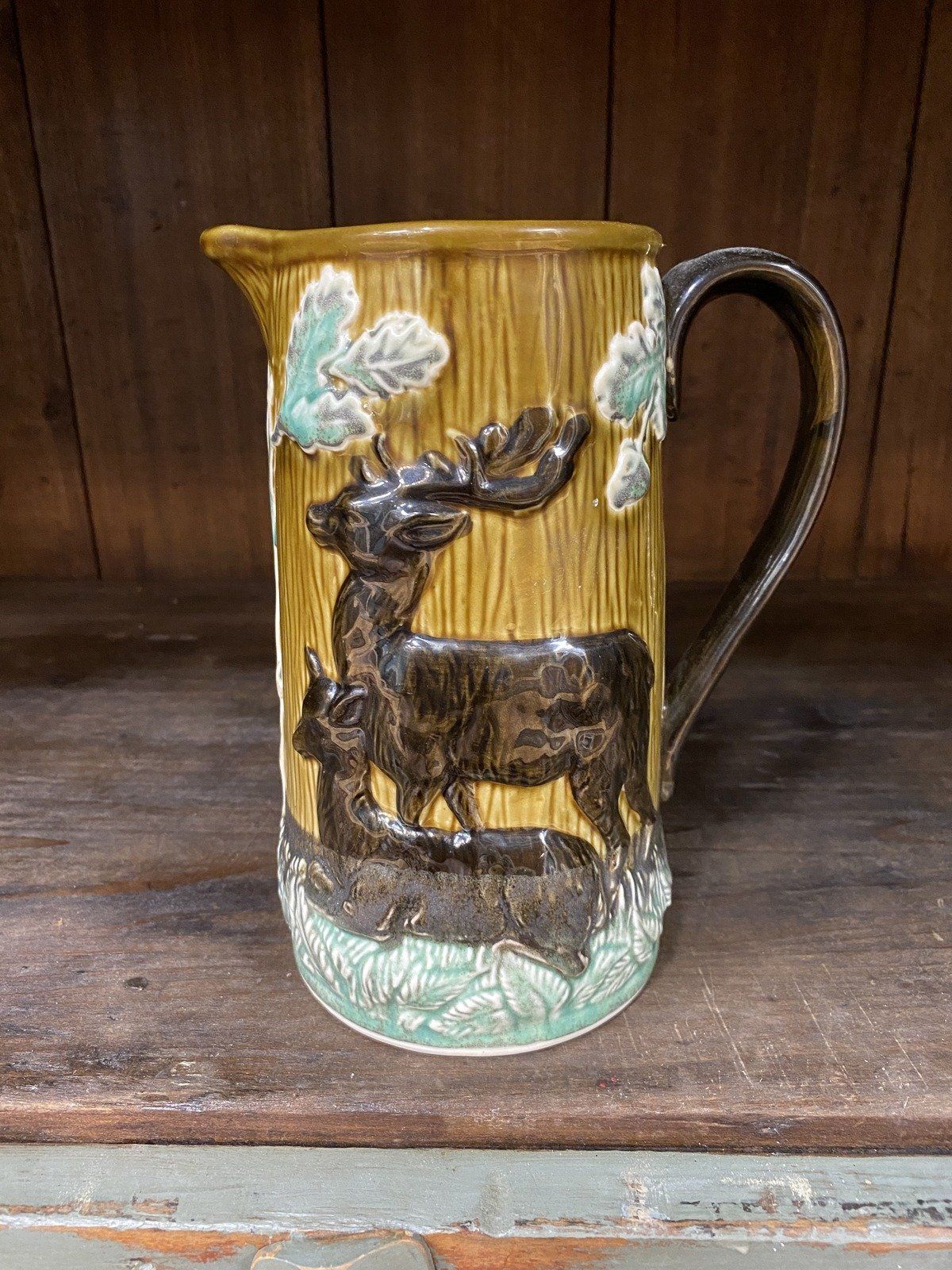 Antique Glazed Ceramic Hunter's Forest Majolica Pitcher 12