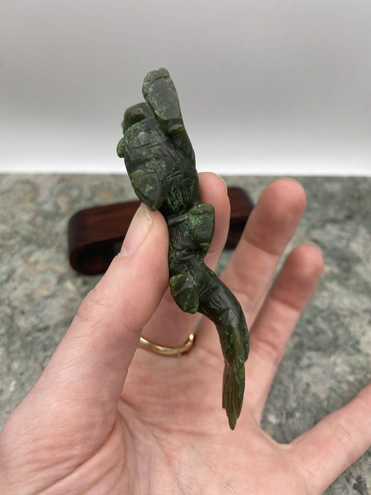 Hand Carved Natural Nephrite Jade Dragon w Feng Shui Wood Stand 7