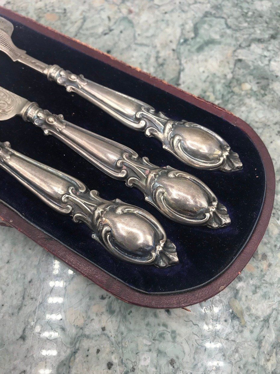 Antique Edwardian English Made Ornate Sterling Silver Christening 3pc Cutlery Set in Orig. Box 3