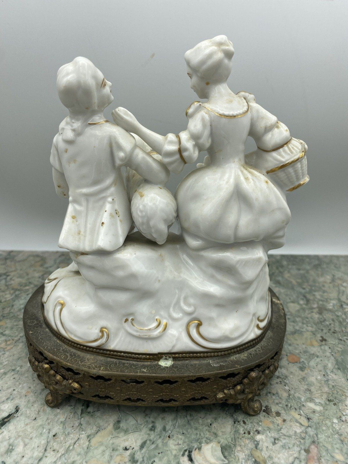 Bone + Gilt Porcelain Court Scene on Ornate Brass Base 2