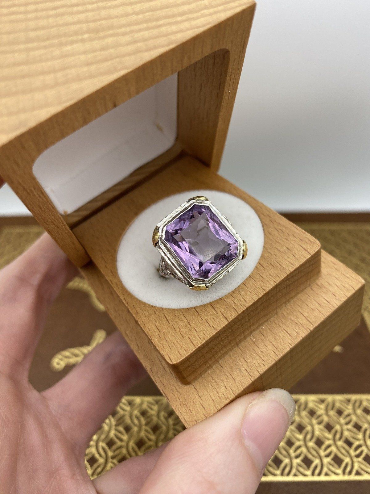Antique 18k White Gold Large Filigree Art Deco c.1910s/20s Amethyst Cocktail Ring w Yellow Gold Details #2678 8