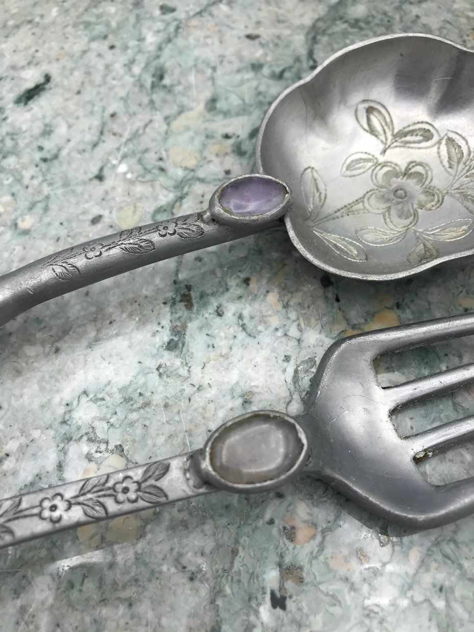 Vintage Chinese Etched Pewter + Bamboo Carved Jade Serving Utecils w Amethyst  Accents 3