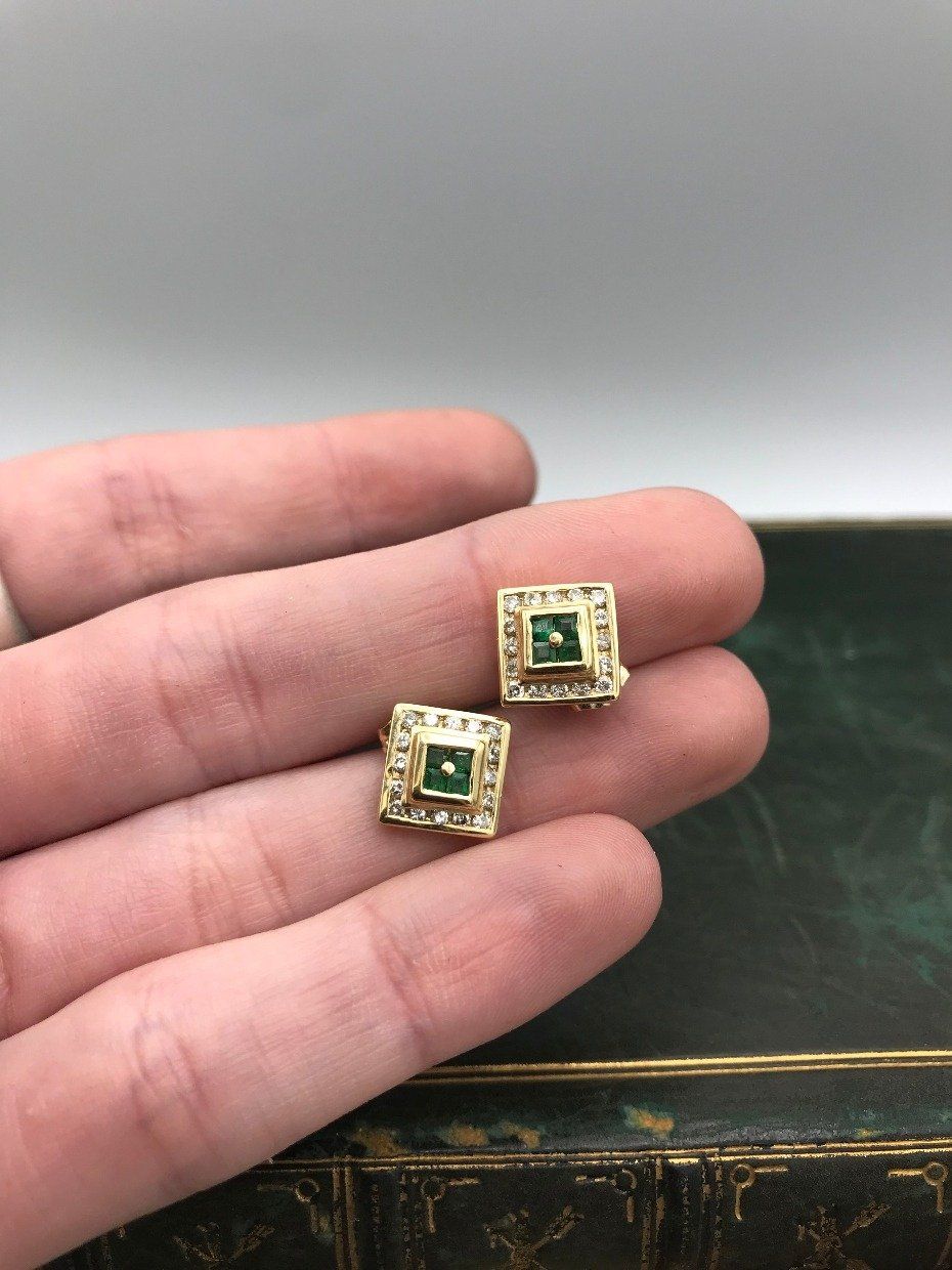 14k Gold Emerald + Diamond Square Step Stud Earrings 3