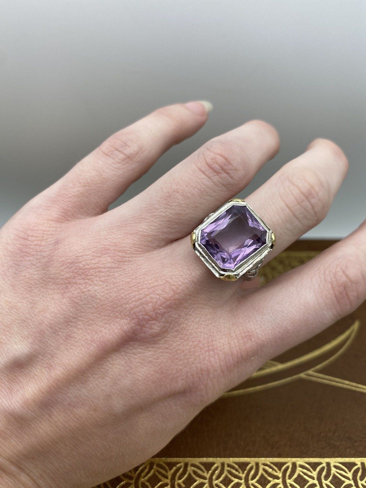 Antique 18k White Gold Large Filigree Art Deco c.1910s/20s Amethyst Cocktail Ring w Yellow Gold Details #2678 4