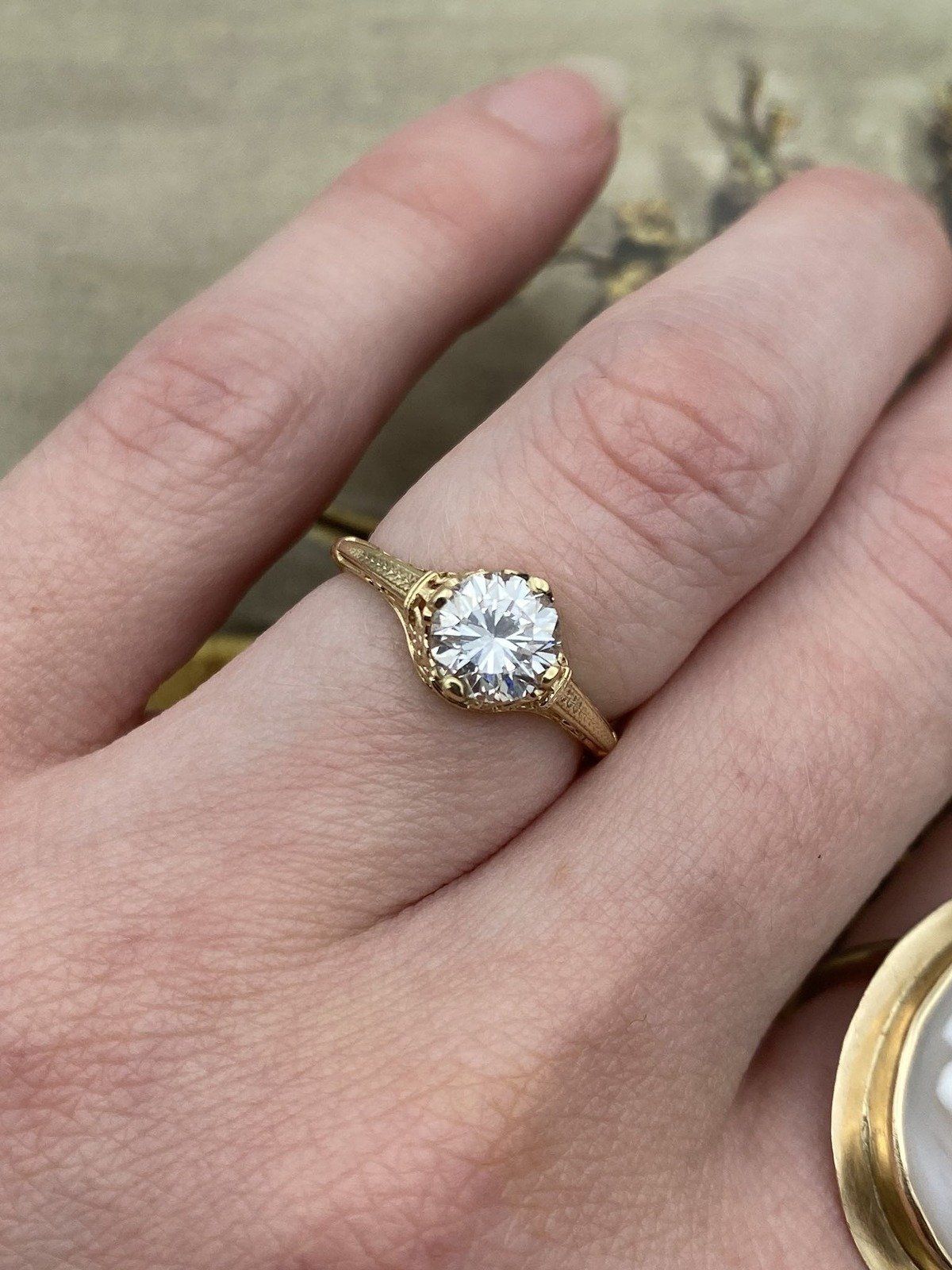 Stunning 14k Gold Antique Inspired 1ct Natural Solitaire Diamond Filigree Engagement Ring 14