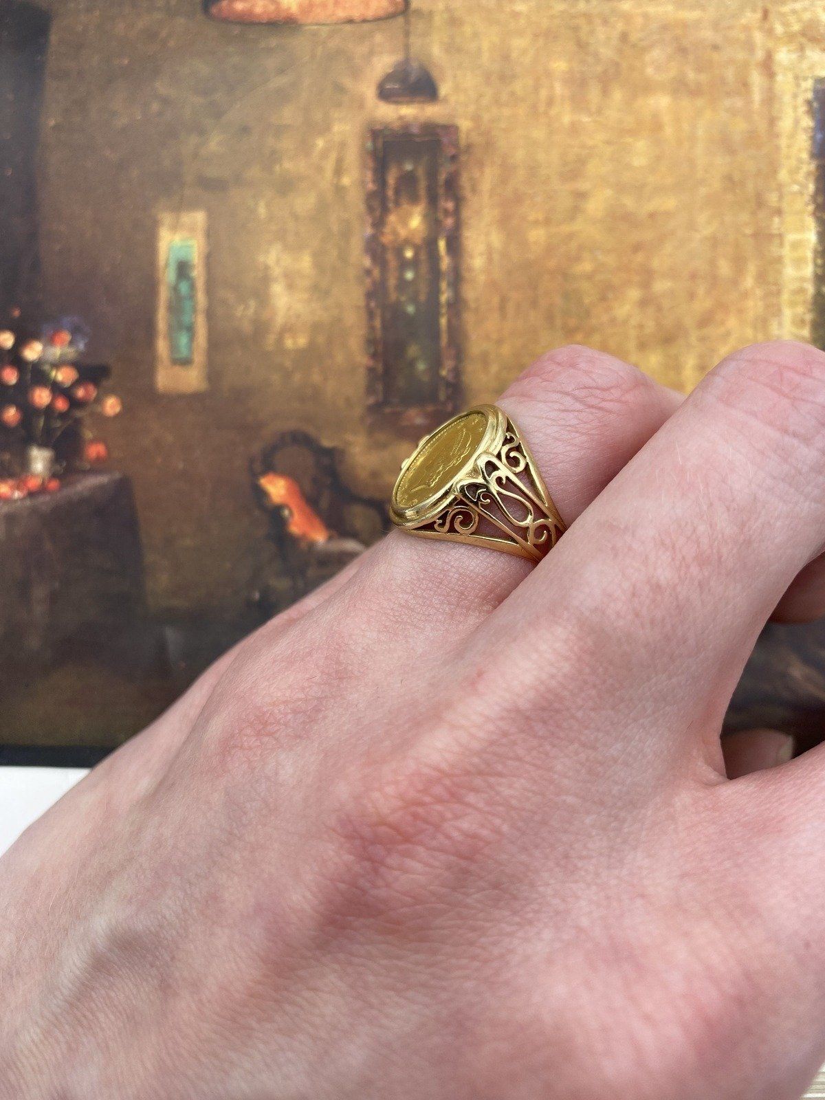 14K Gold Ring with $1 Liberty Head Gold Coin Type 1 Filigree Setting. Sz 4.25 8