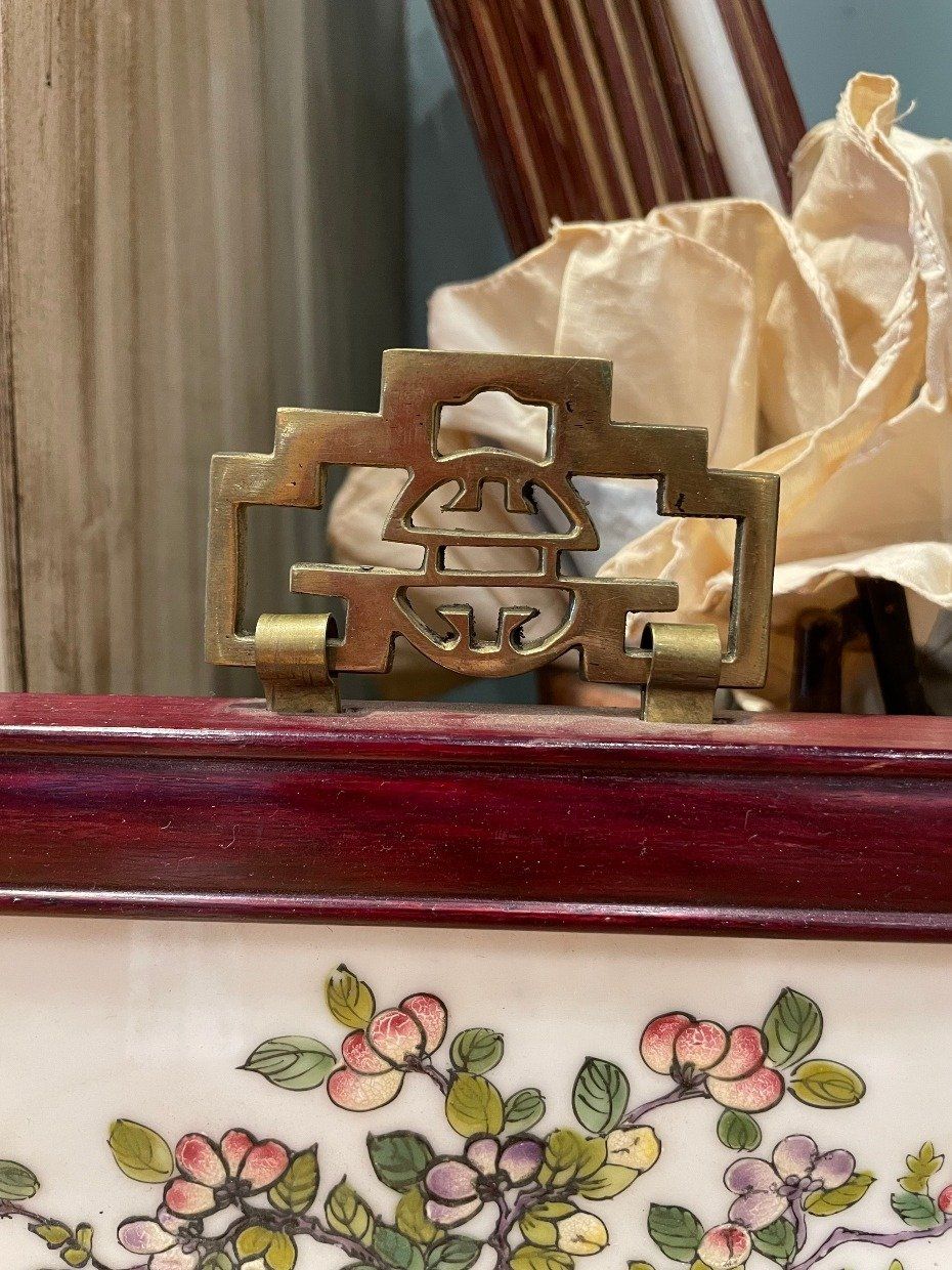 Framed Chinese Porcelain Plaque Featuring Figures Playing Board Games 3